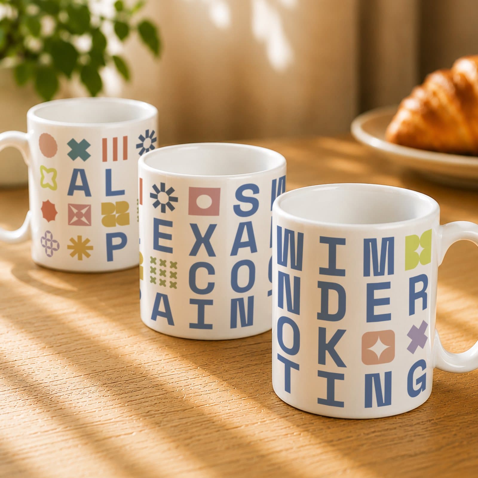 Personalised blue ceramic mug with a text design wrapped around it