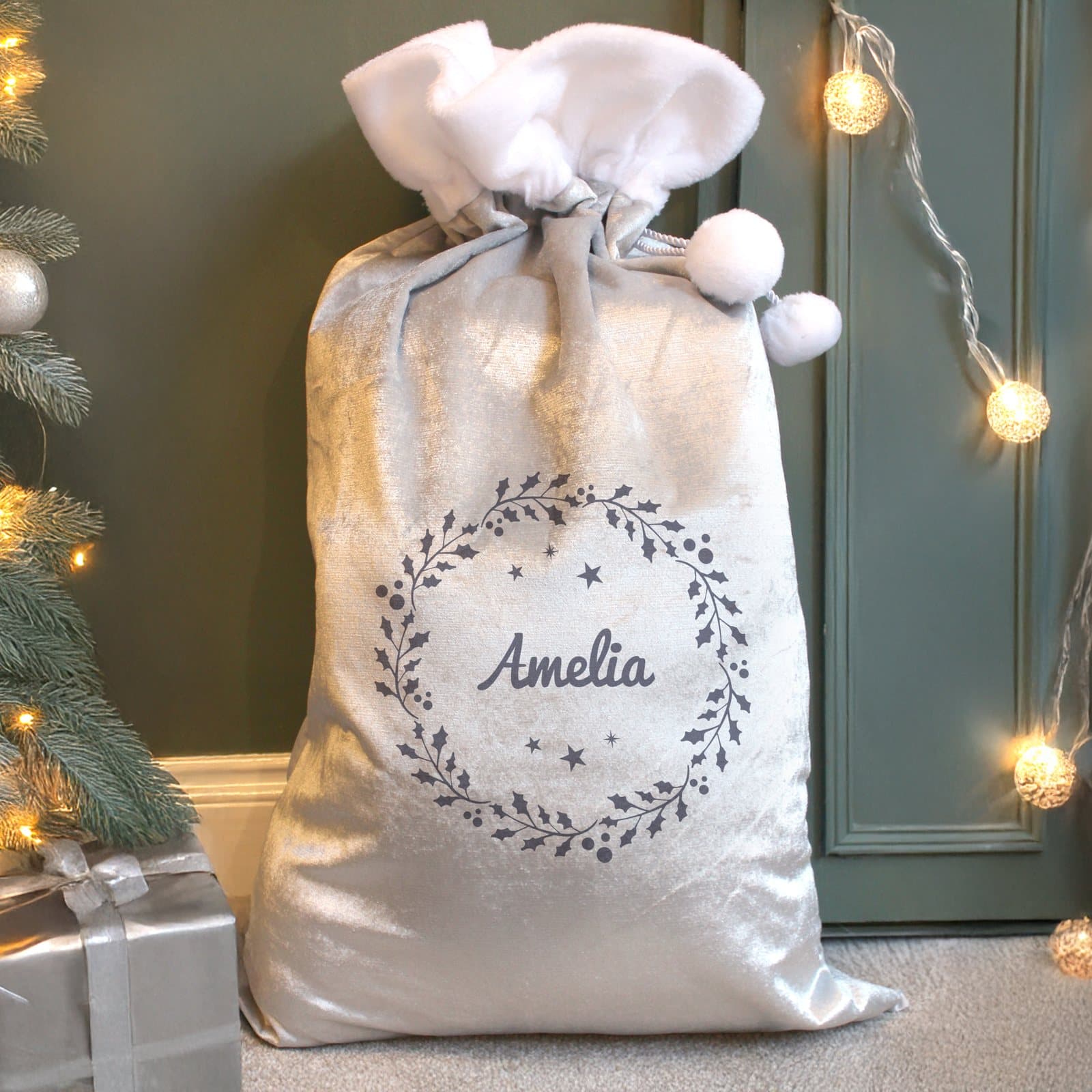 Fleece holly Christmas sack in grey and red