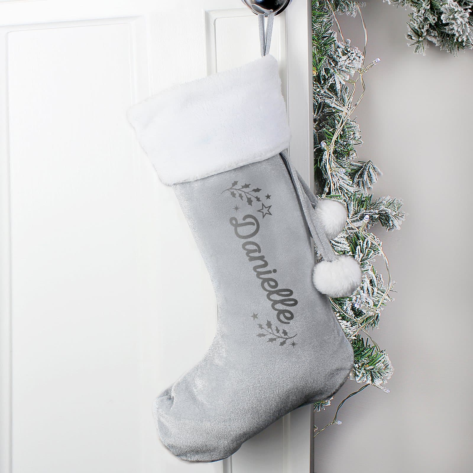 Personalised Holly velvet Christmas stocking with plush white cuff