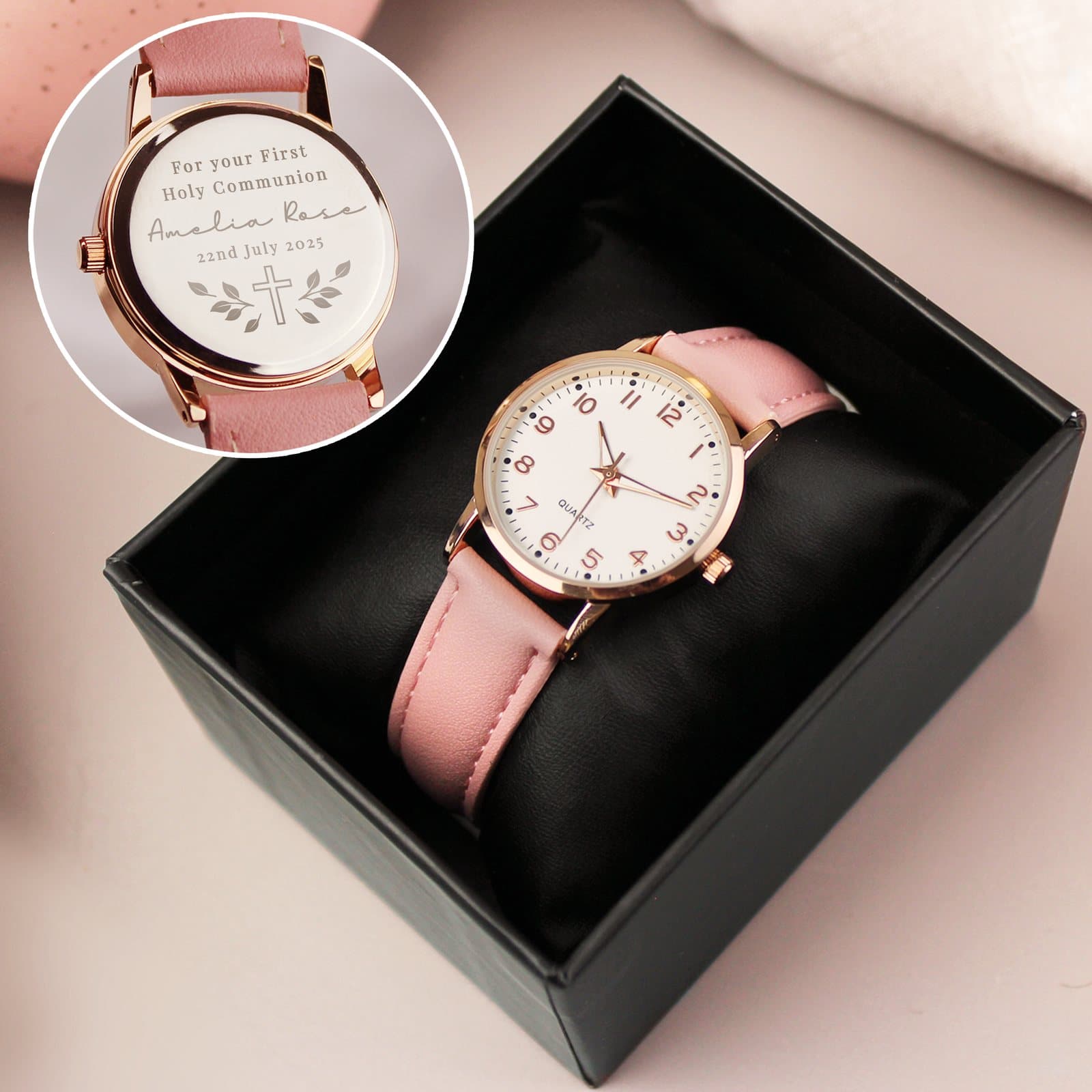 Pink strap watch with an engraved design for a Holy Communion or Christening