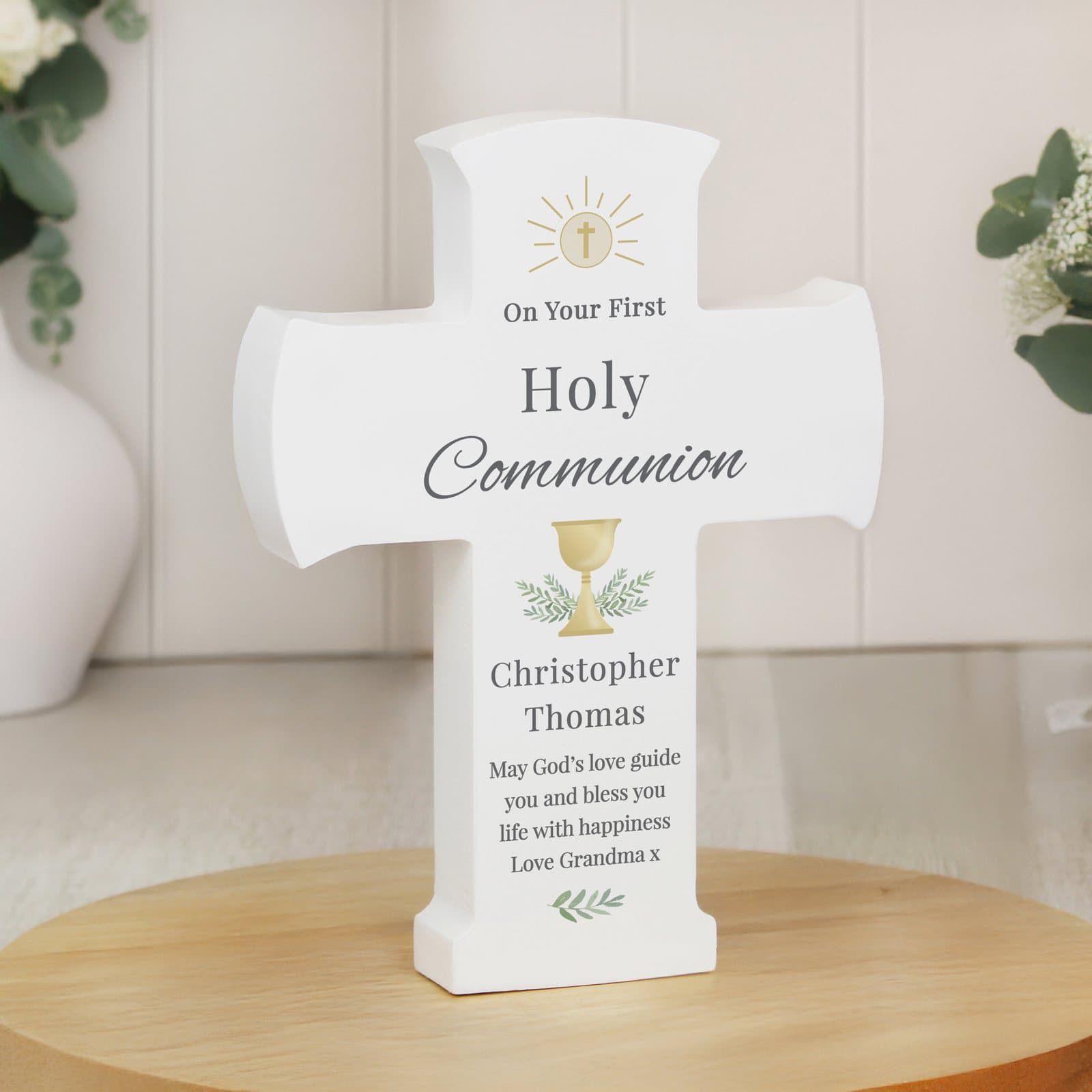 Wooden Holy Communion cross ornament with personalised text
