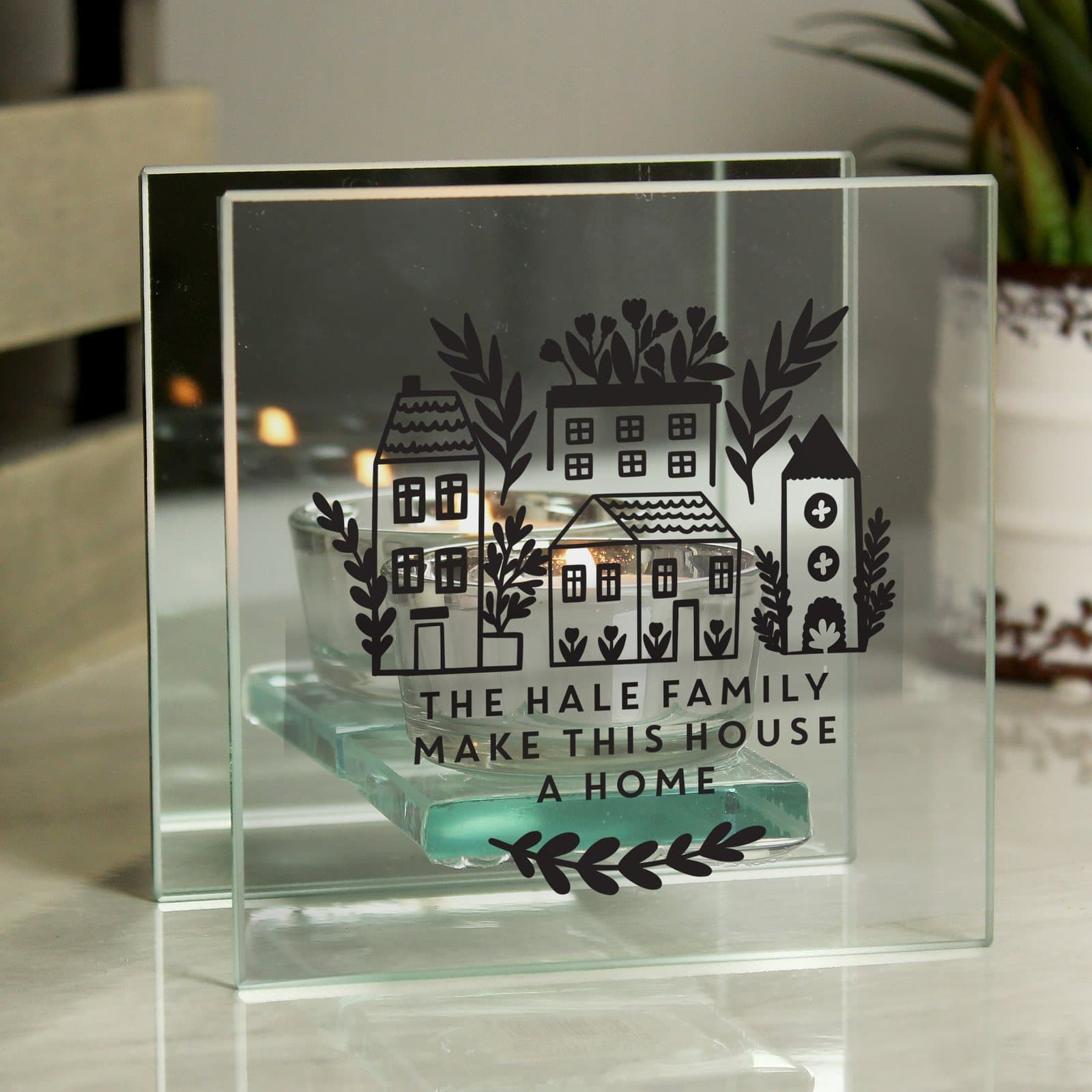 Mirrored glass tealight holder with personalised lines of text