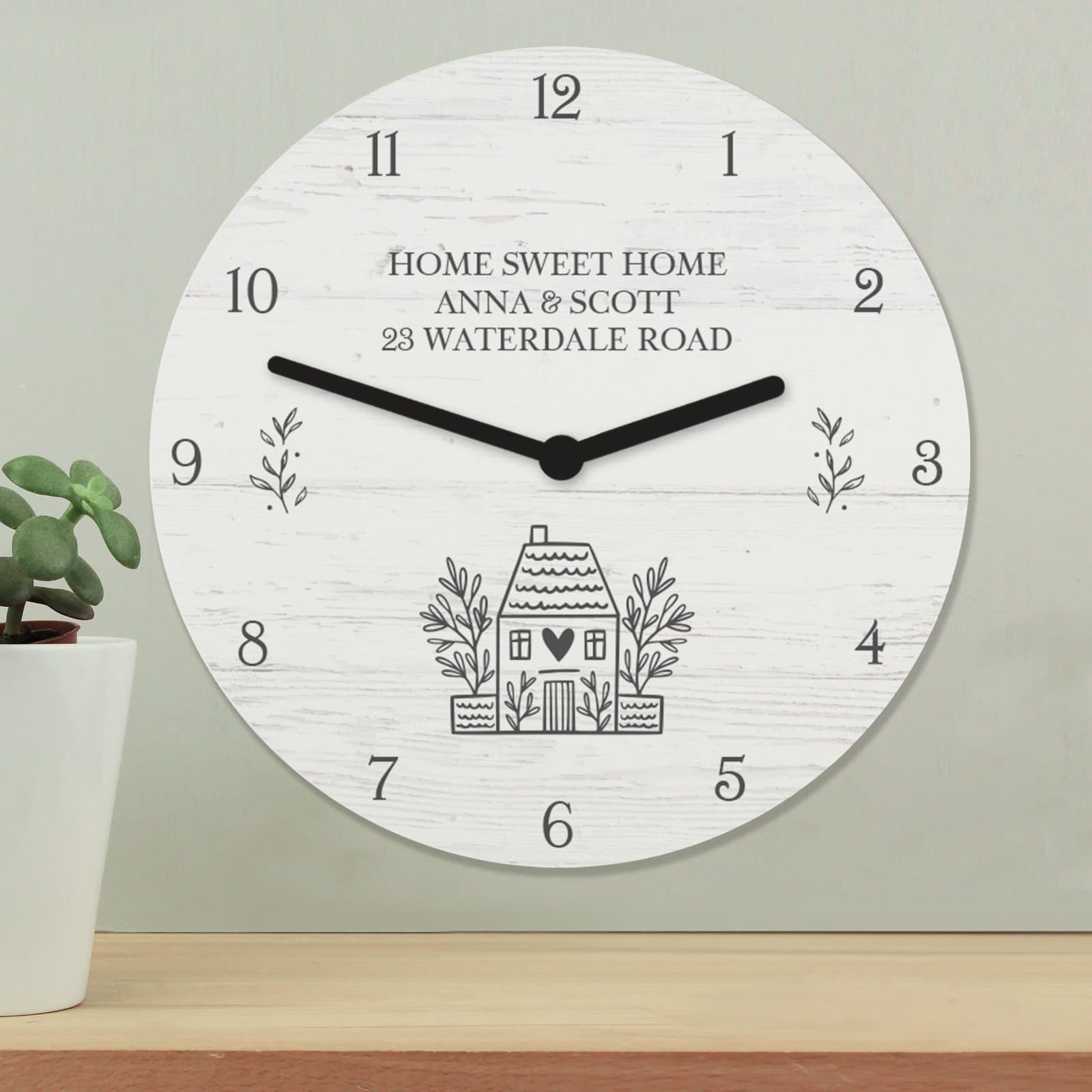 Shabby chic wooden clock with HOME design and three lines of personalised text