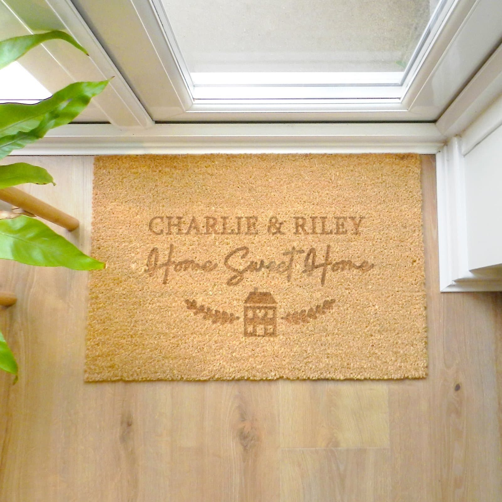 Rectangle coir indoor doormat reading Home Sweet Home with a personalised line
