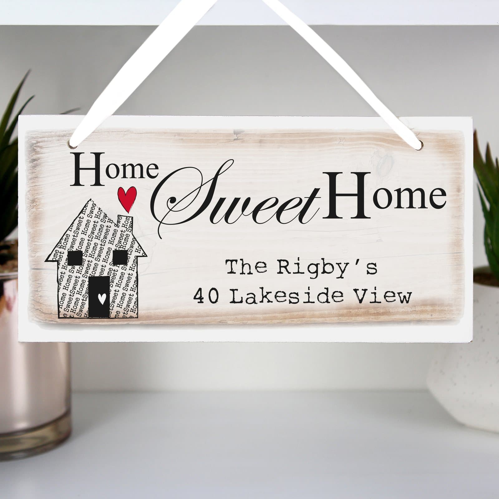 Wooden Home Sweet Home sign with ribbon and a personalised message