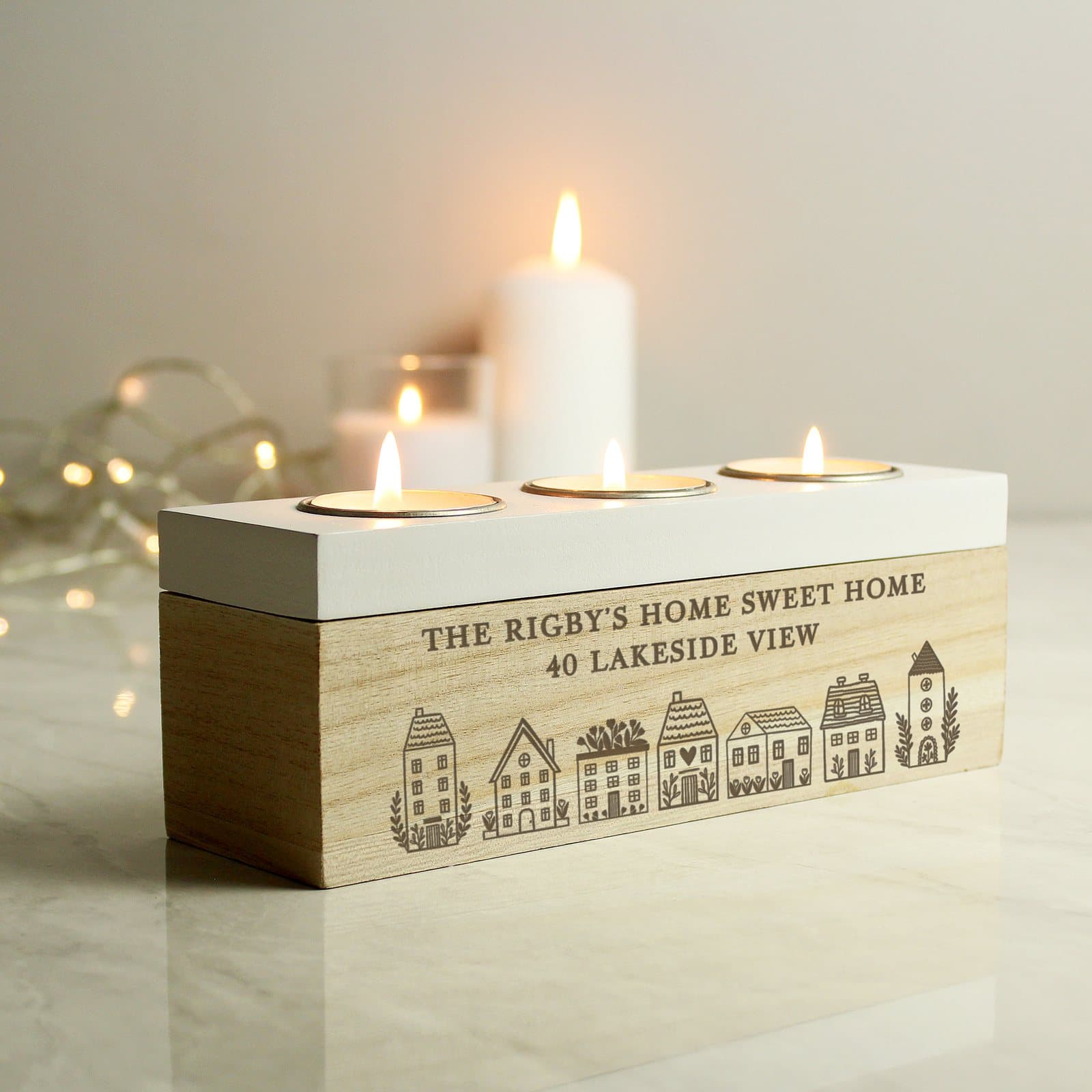 Personalised HOME wooden triple tea light box with a lid for three tea lights