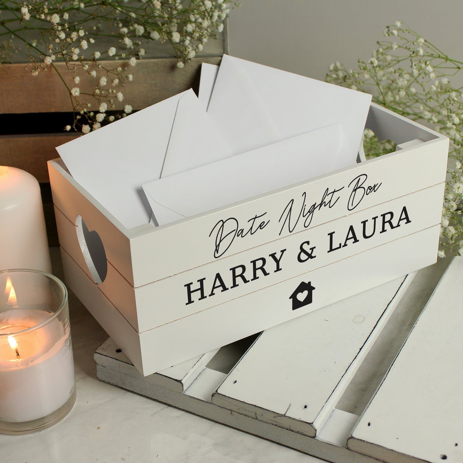 White wooden crate with heart shaped handles and personalised text