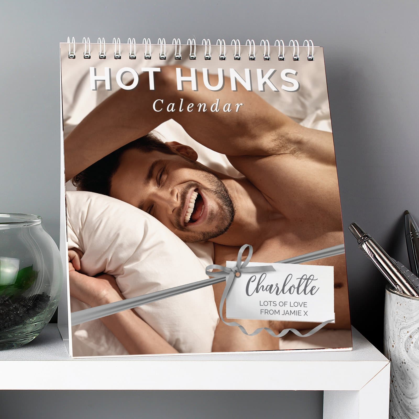 Personalised Hot Hunks desk calendar with a name on the front cover