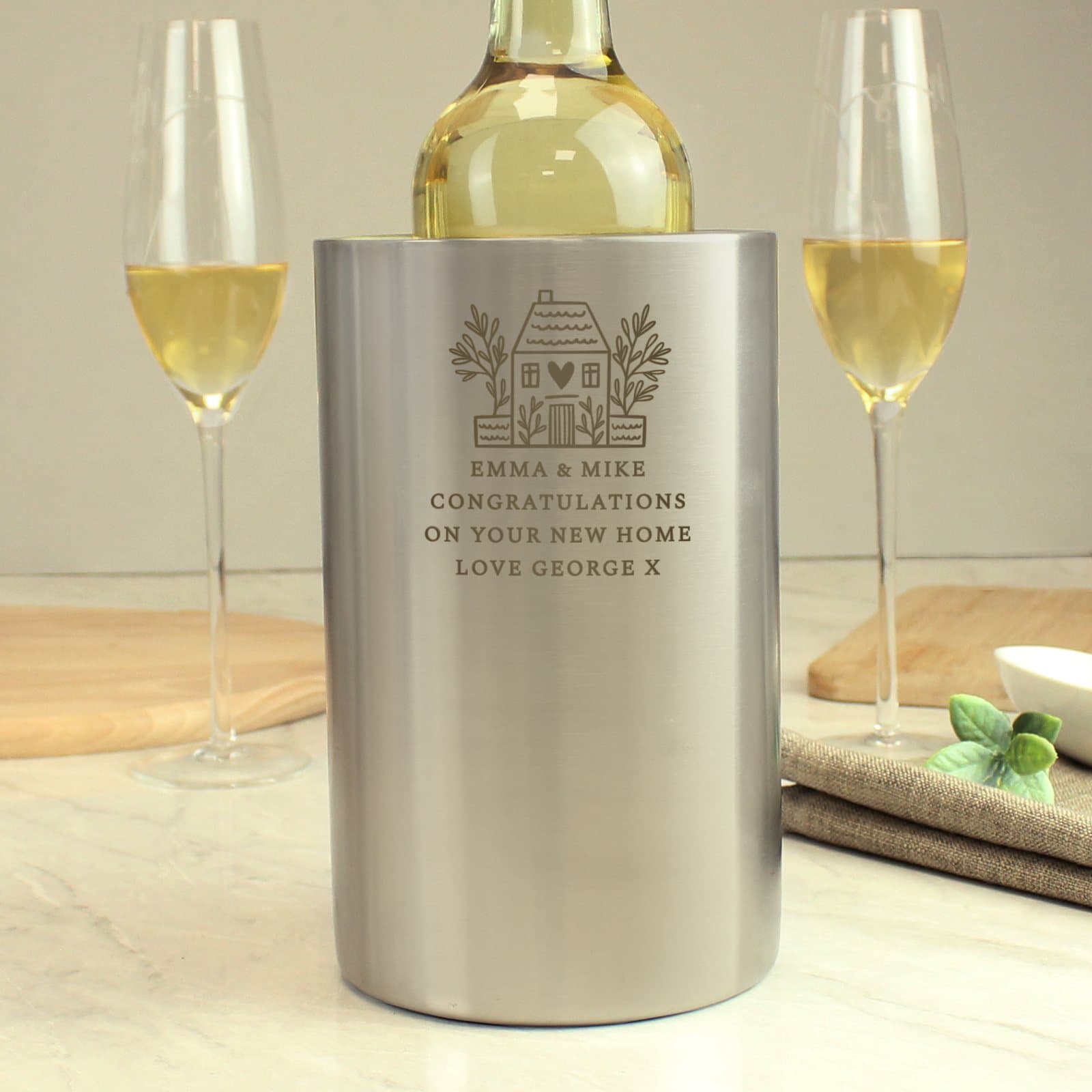 Brushed stainless steel wine cooler with personalised text