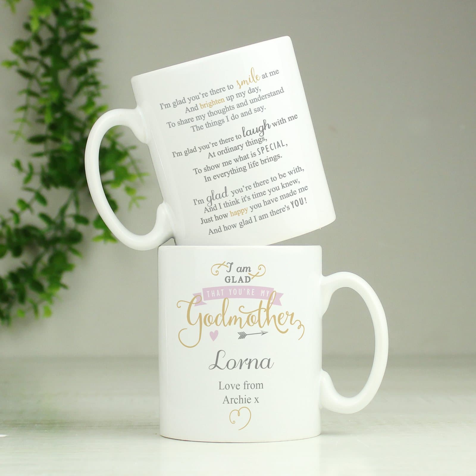 Ceramic slim godmother mug with I am glad that you're my Godmother text