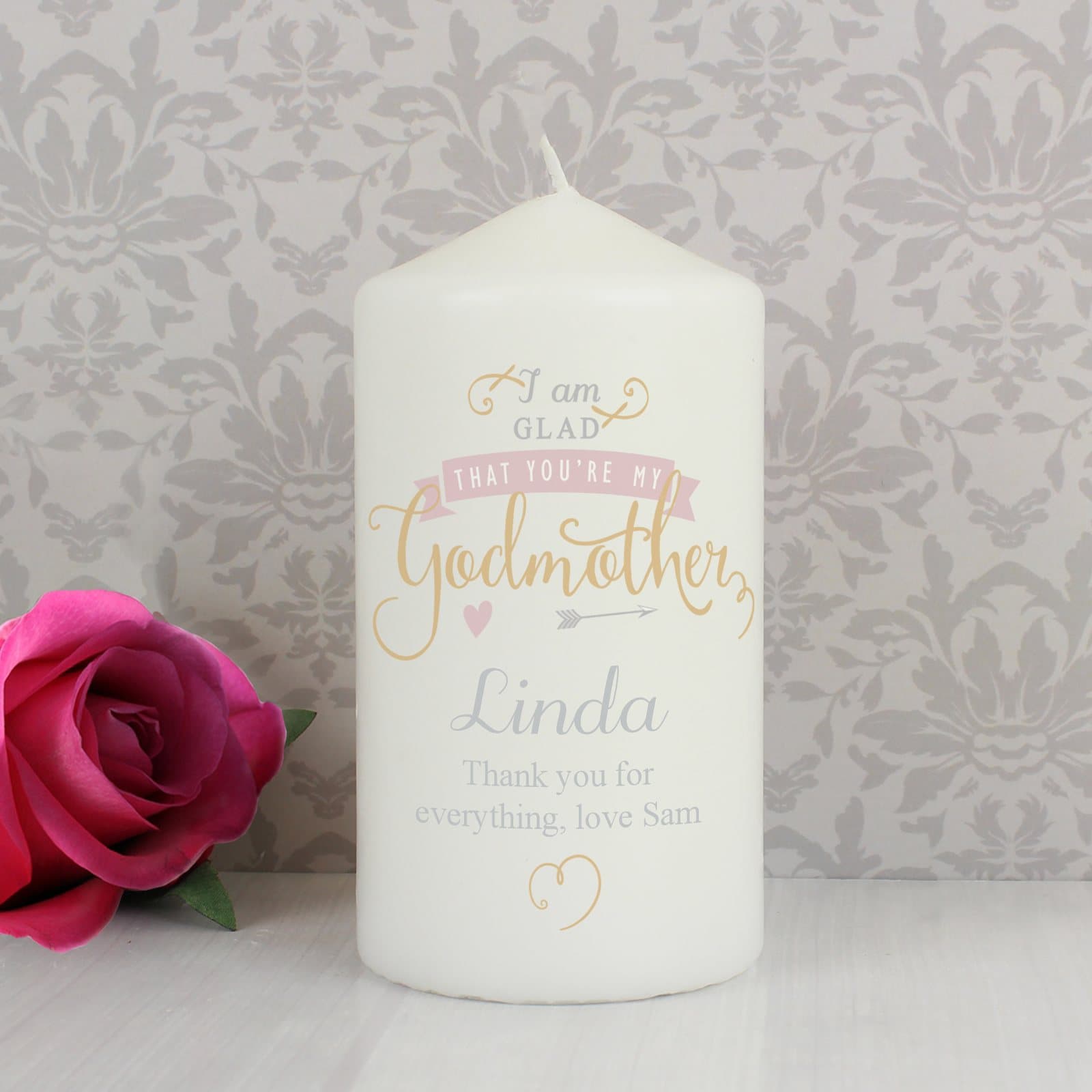 Personalised I Am Glad Godmother pillar candle with name and message