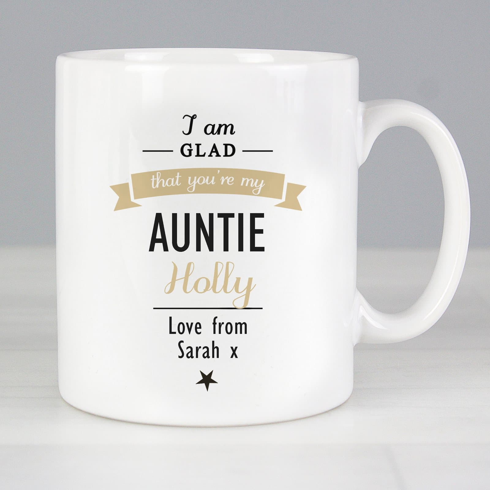 Ceramic slim I am glad mug with a title, name and message