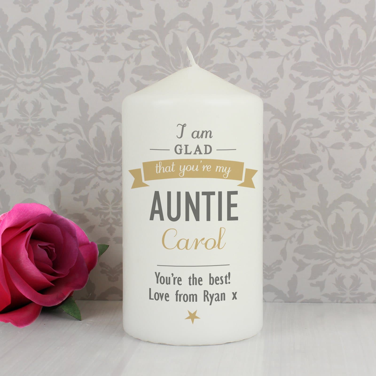 Personalised I Am Glad pillar candle with role, name and message