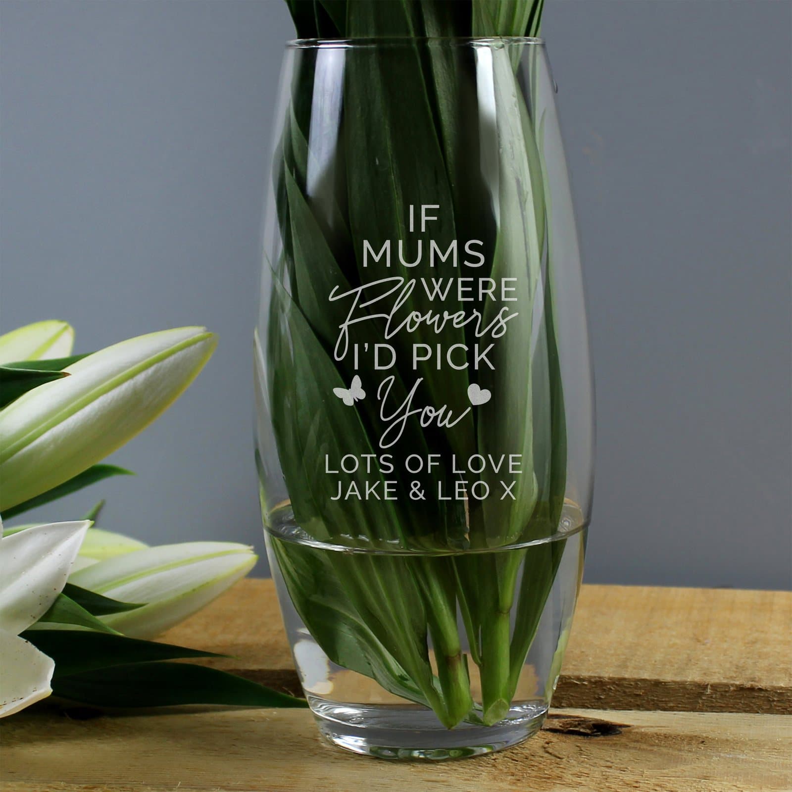 Glass bullet vase with I'd pick you wording and a personalised role