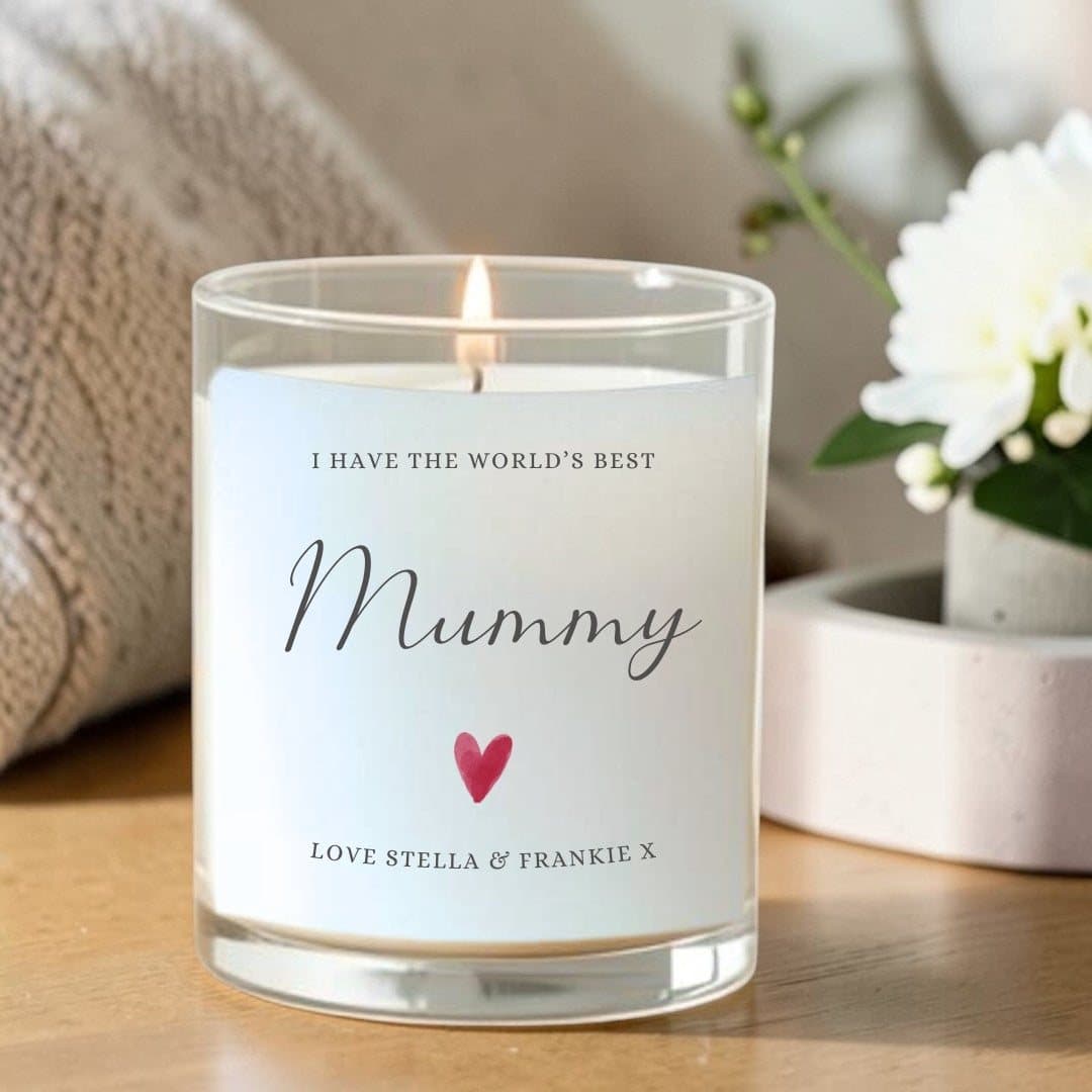 Personalised mummy candle with red foil chocolate hearts and matches in a gift box.
