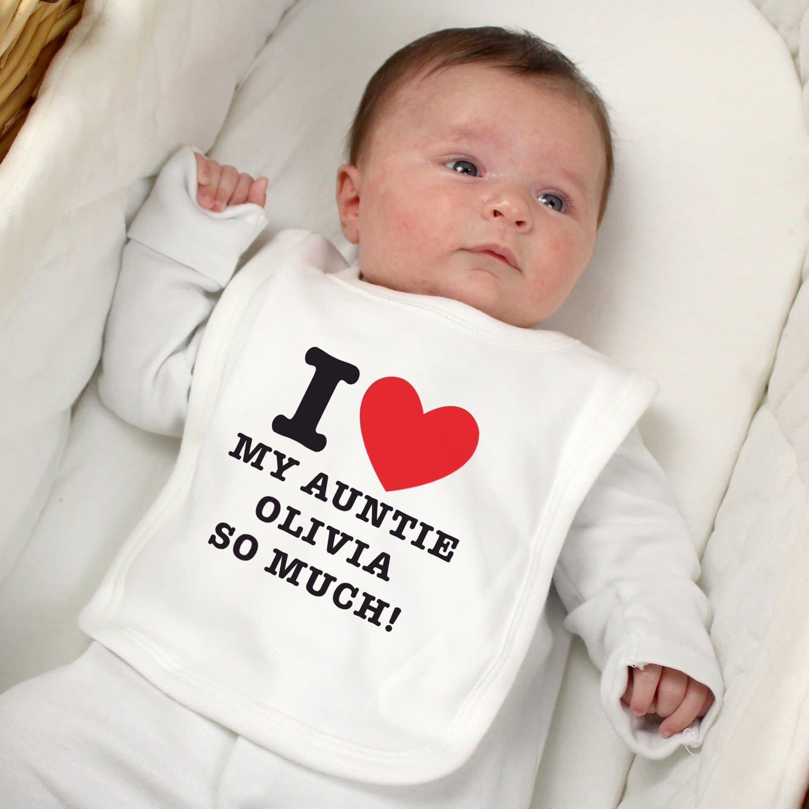 Baby bib with a fixed I HEART motif and three lines of personalised text