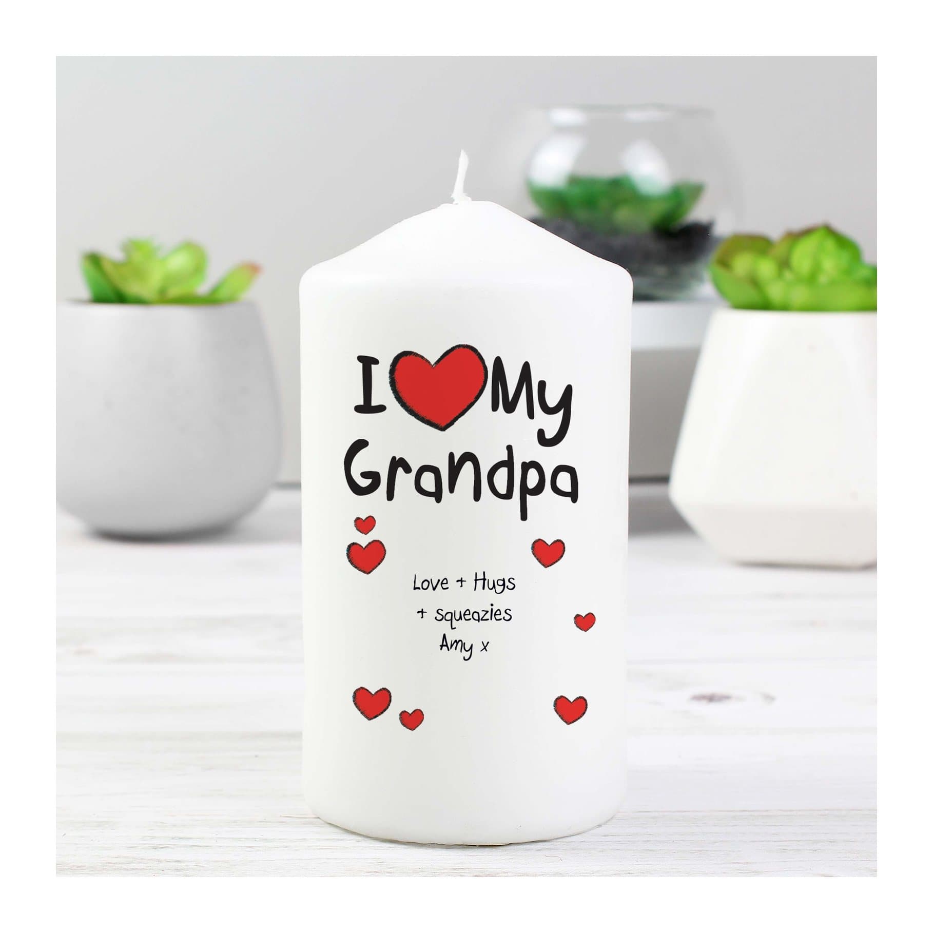 Personalised I Heart My pillar candle decorated with hearts