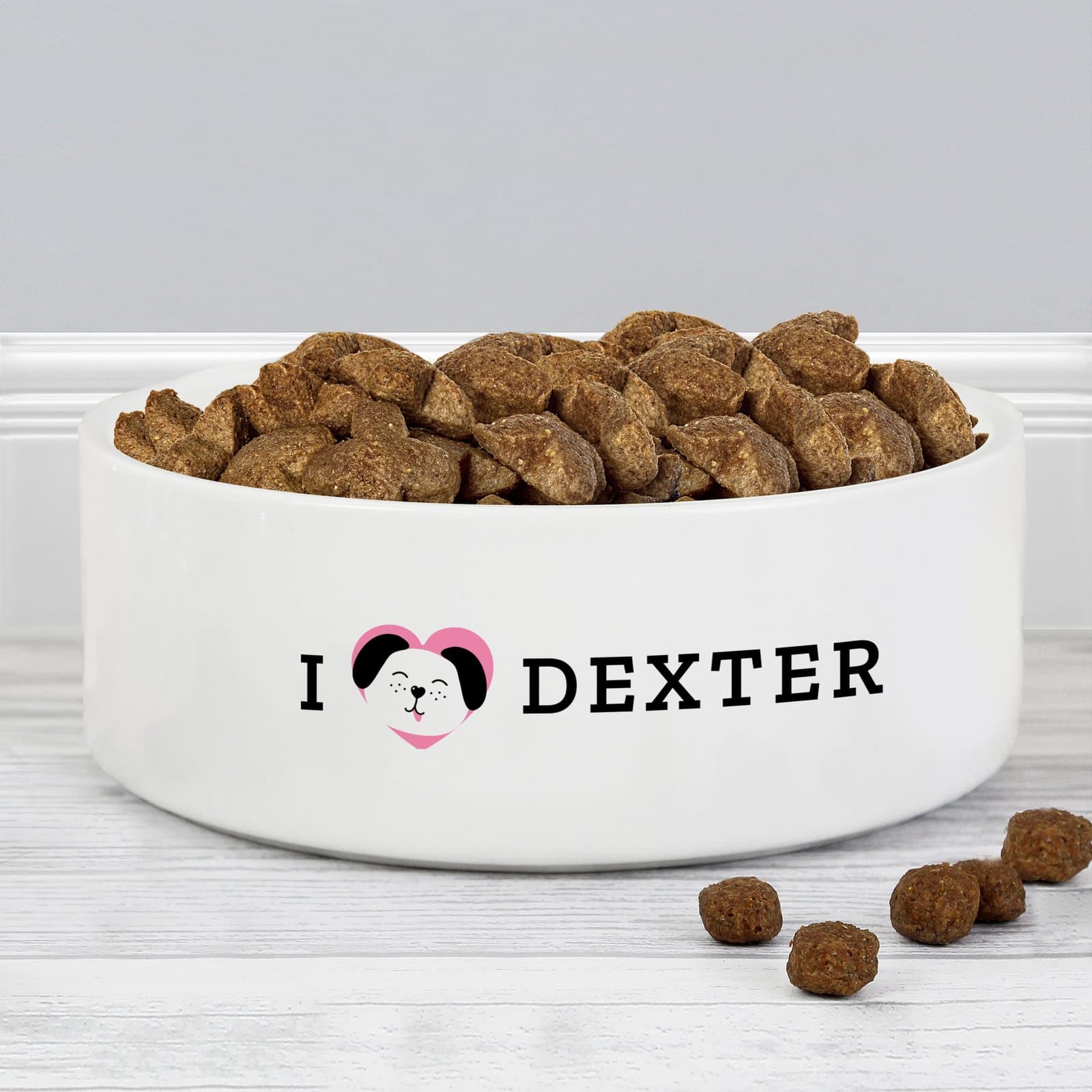 White ceramic pet bowl with I Heart and a personalised name