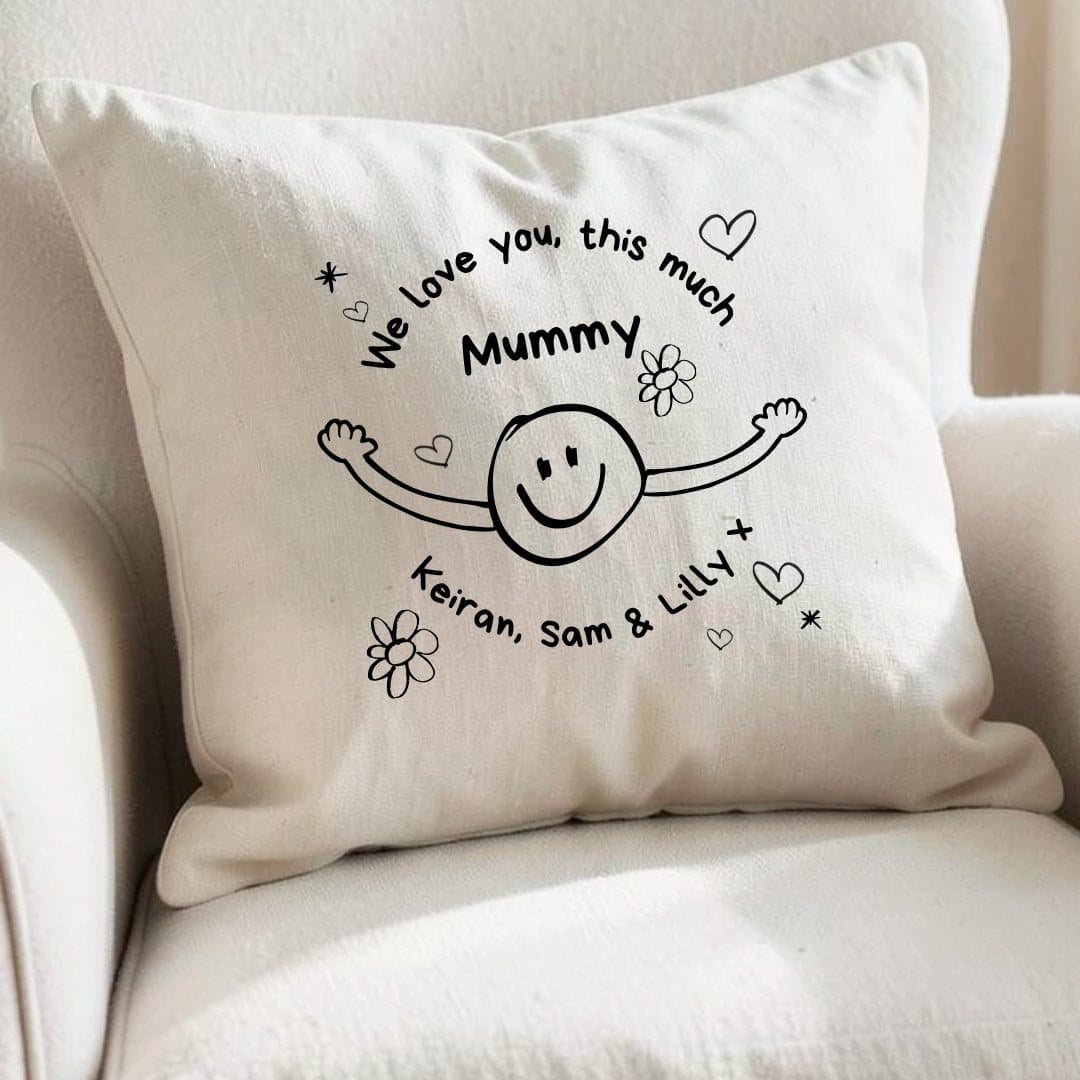 Personalised cushion with a child's artwork and the words I Love You This Much