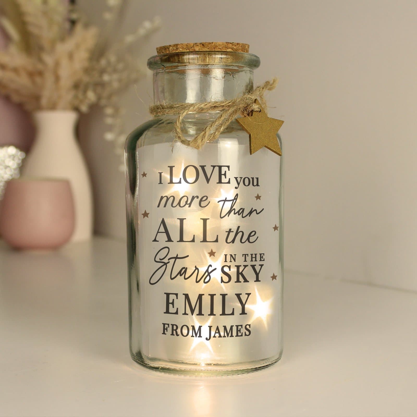 Personalised I love you more LED glass jar