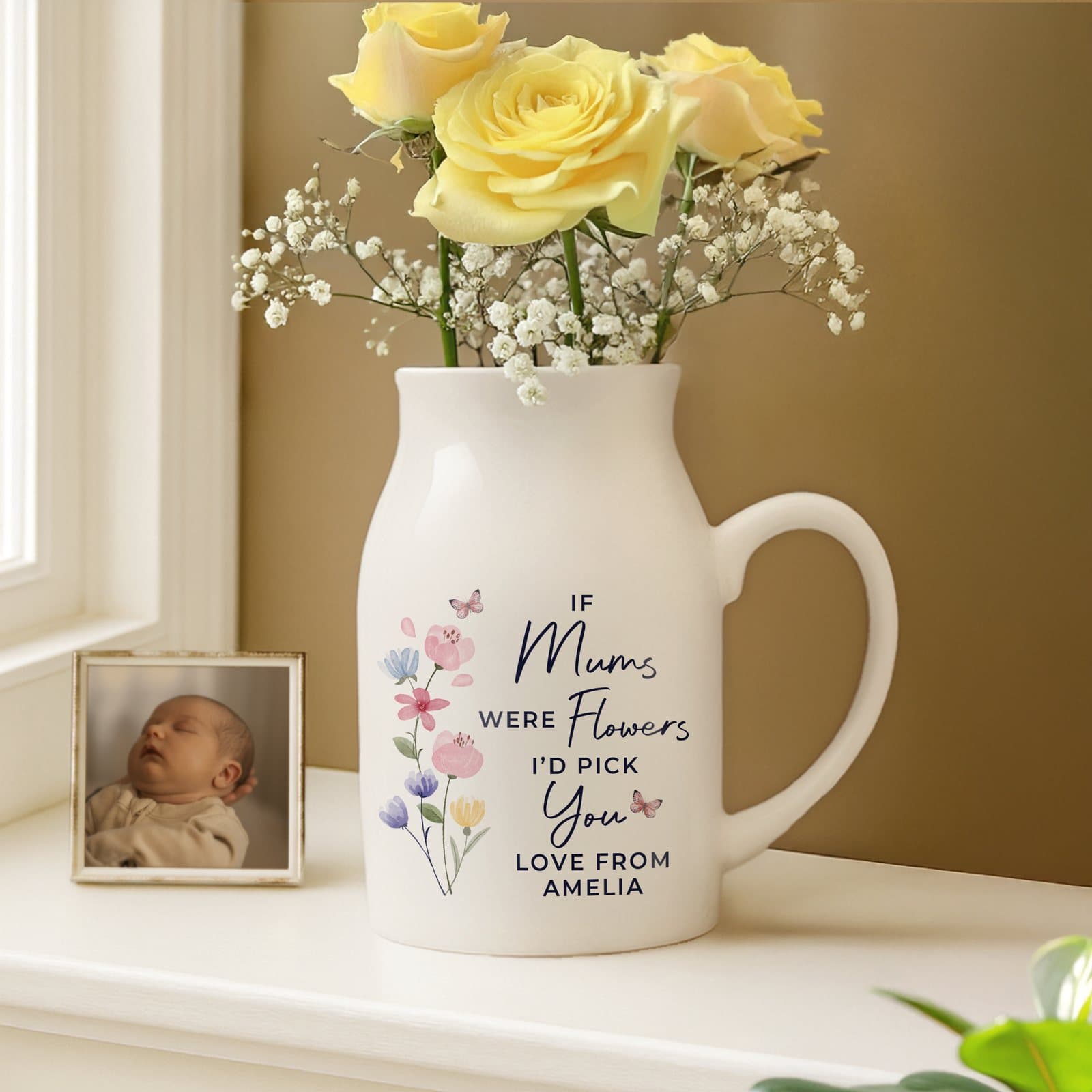 Ceramic I'd Pick You jug vase personalised with a title and two lines