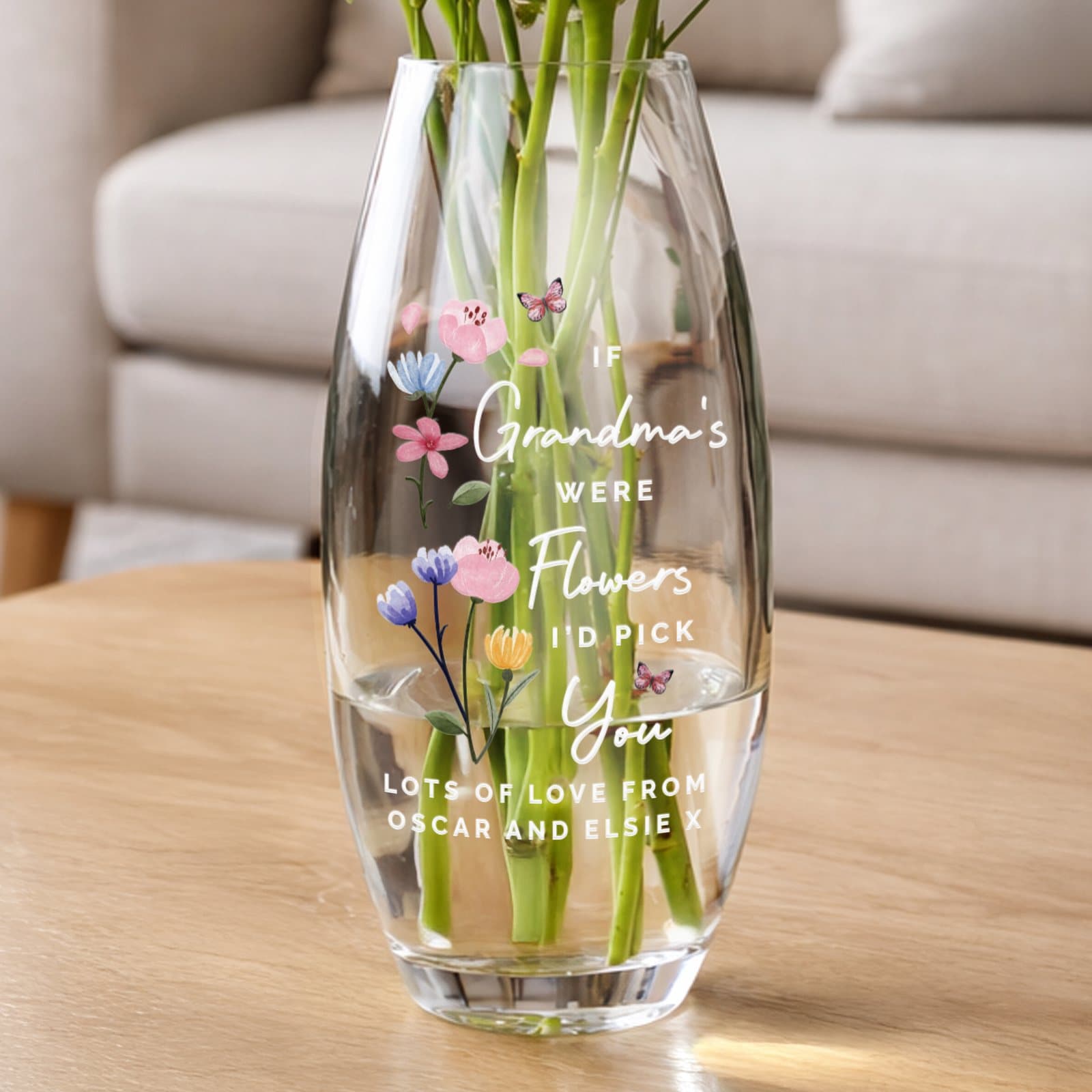 Glass bullet vase personalised with three lines of I'd pick you text
