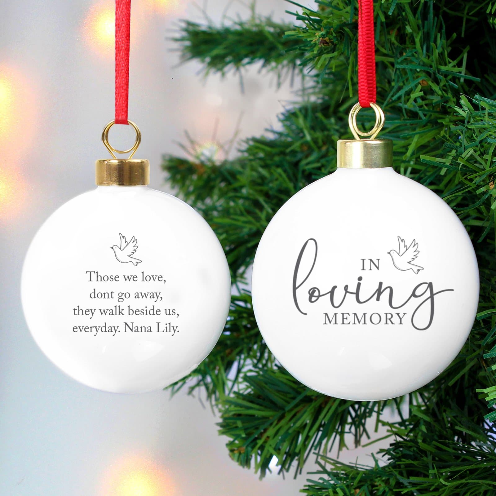 Personalised In Loving Memory Christmas bauble with a ribbon