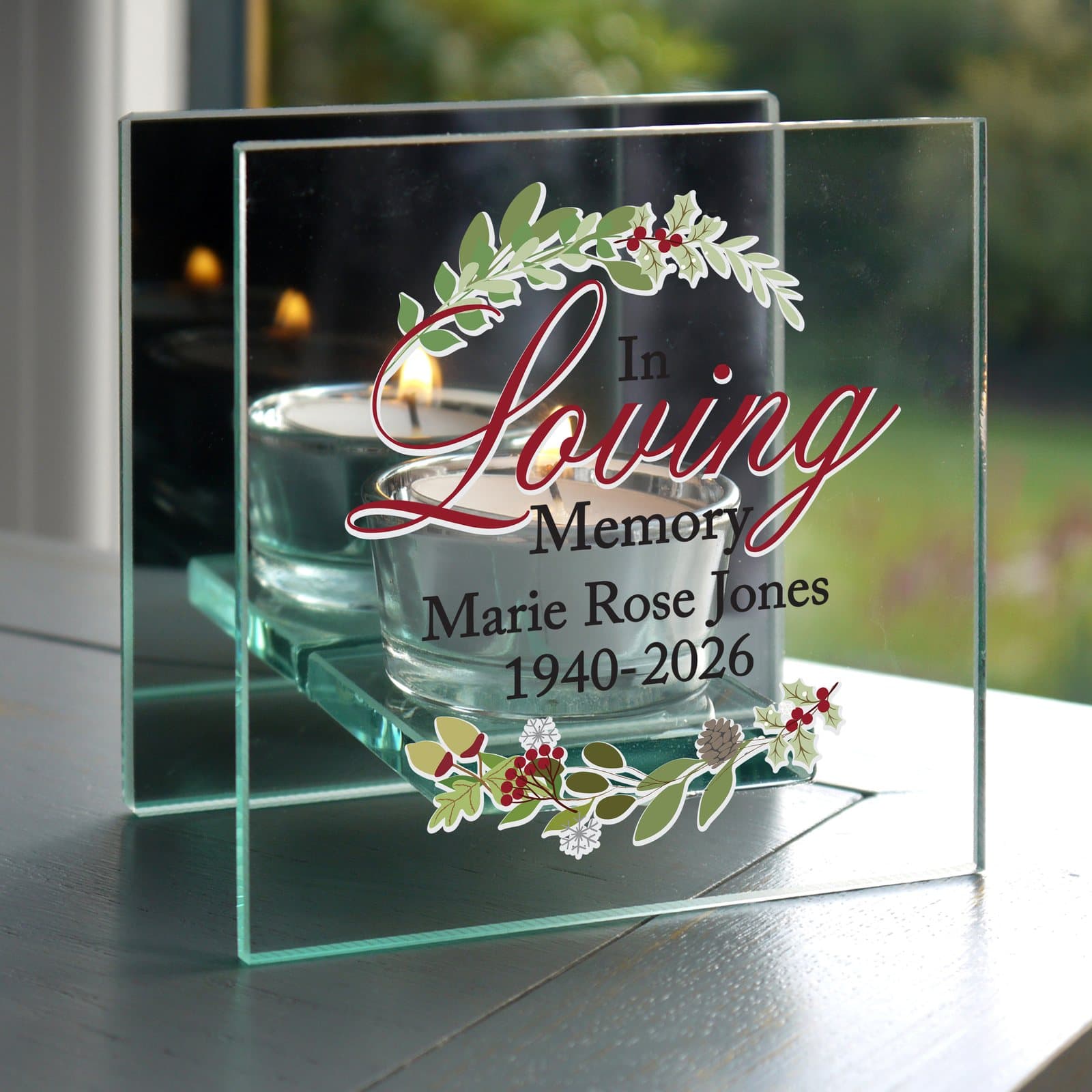Personalised in loving memory mirrored glass tea light holder