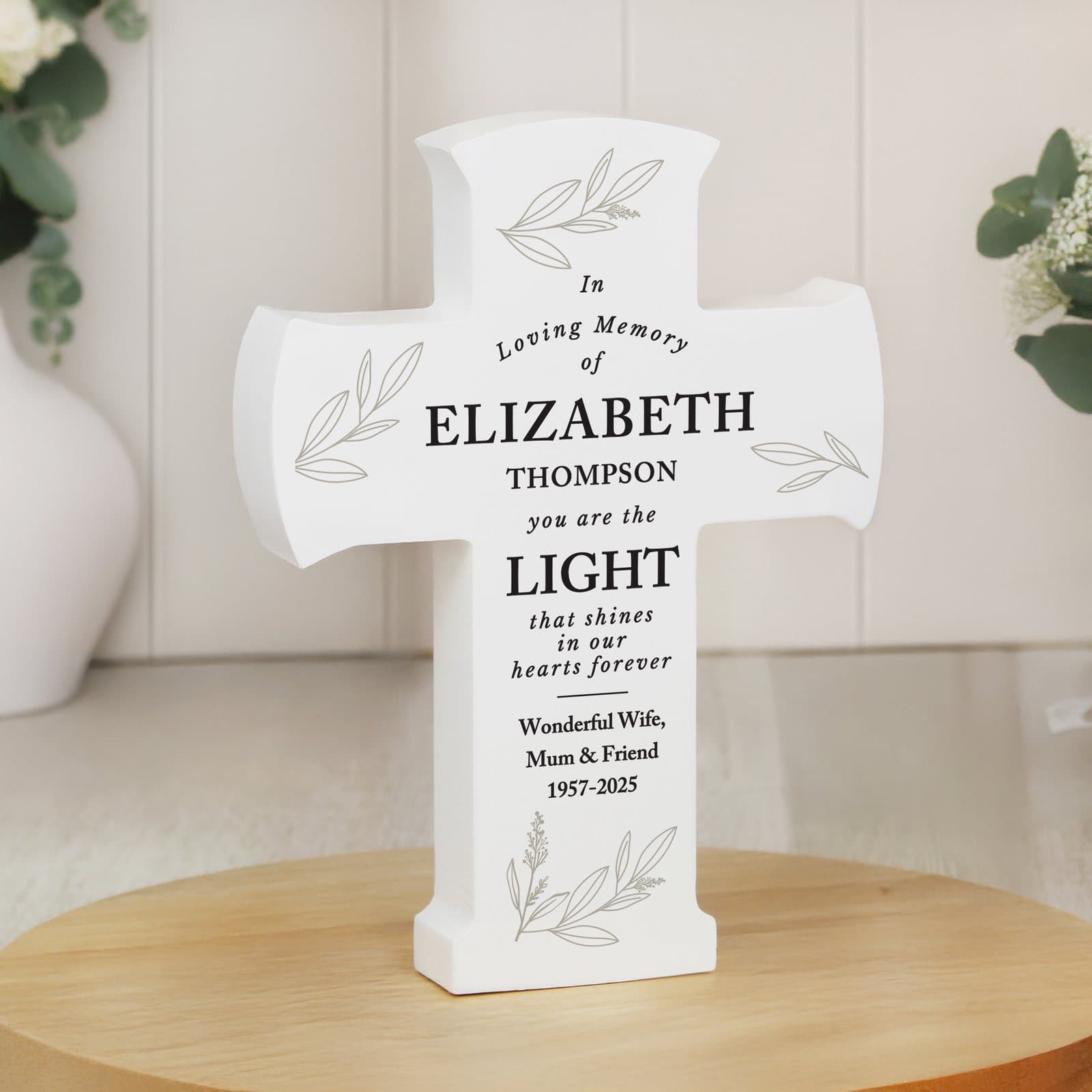 Wooden in loving memory cross ornament personalised with five lines