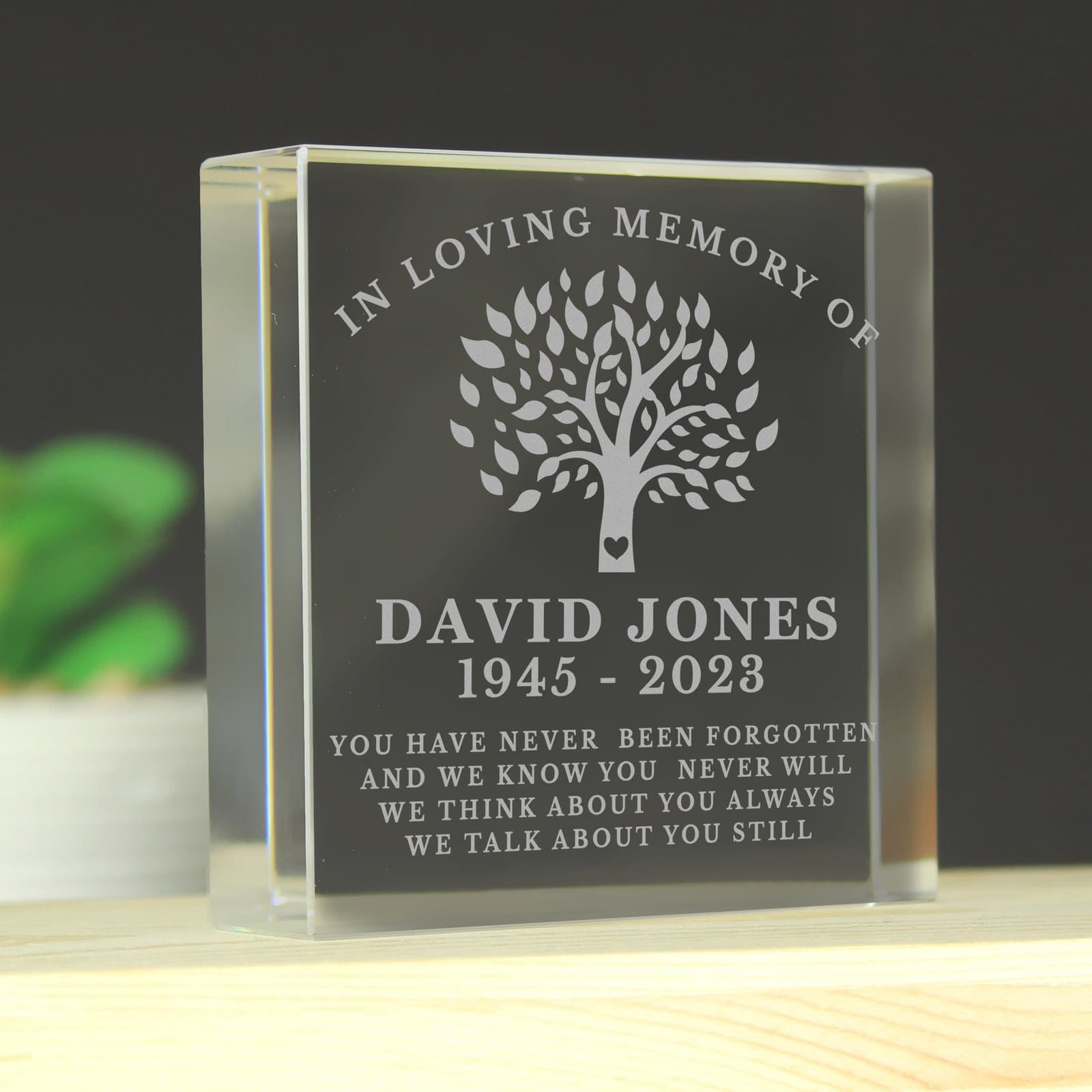 Family tree memorial crystal token with a name, date and verse