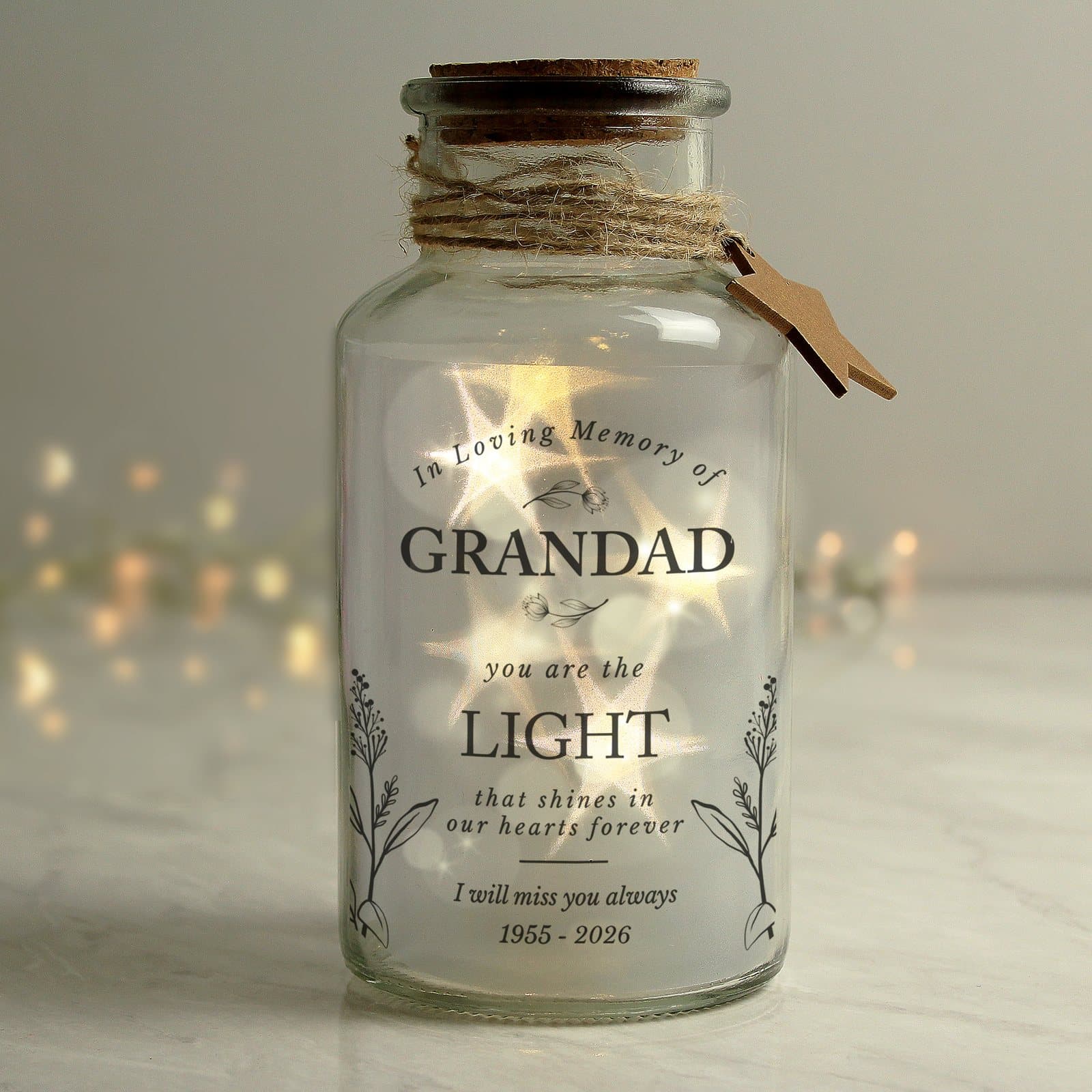 Glass LED jar personalised with In Loving Memory text and three lines