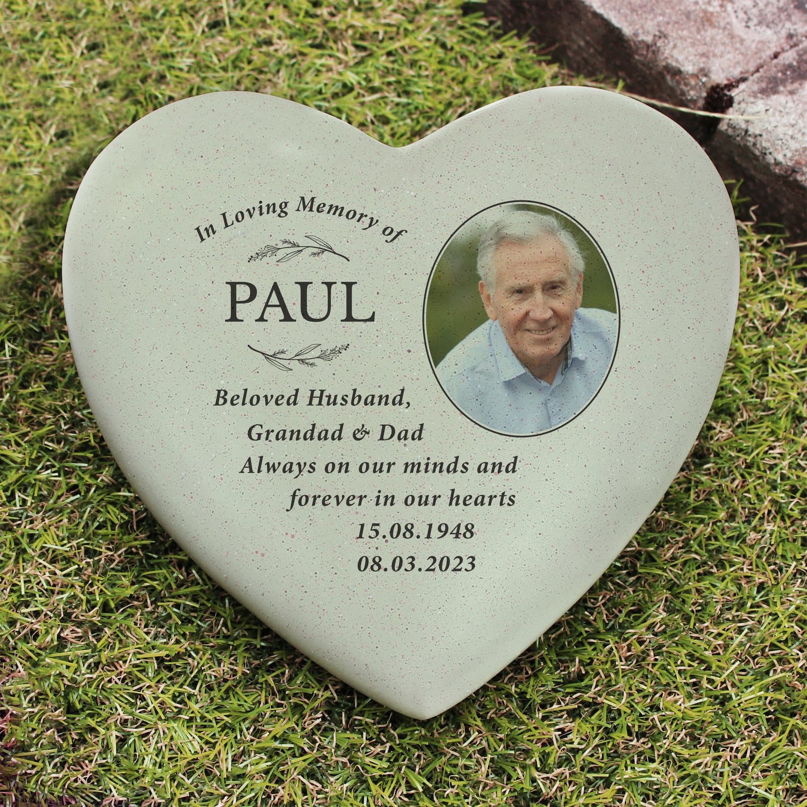 Resin in loving memory heart with photo and lines of text