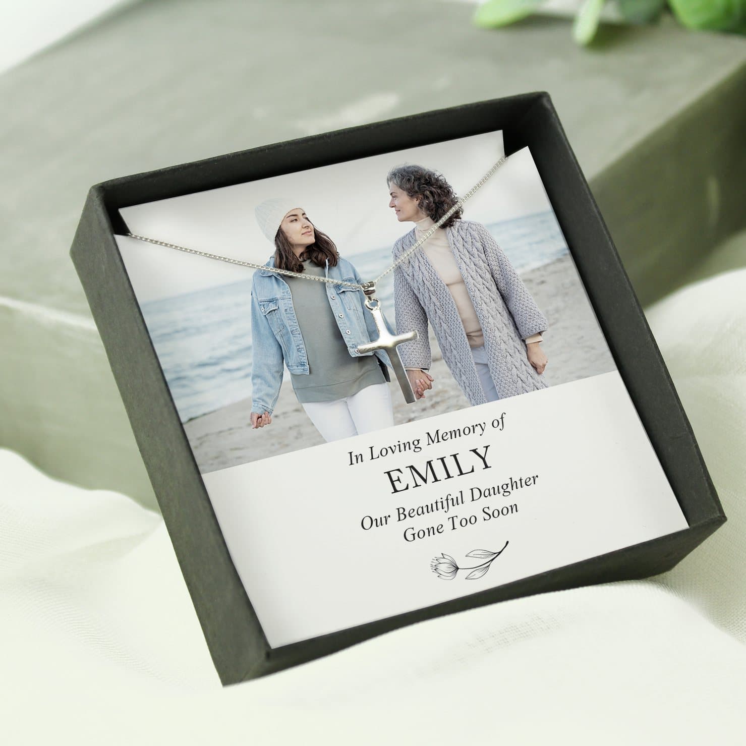 Cross necklace in a black gift box with memorial photo card
