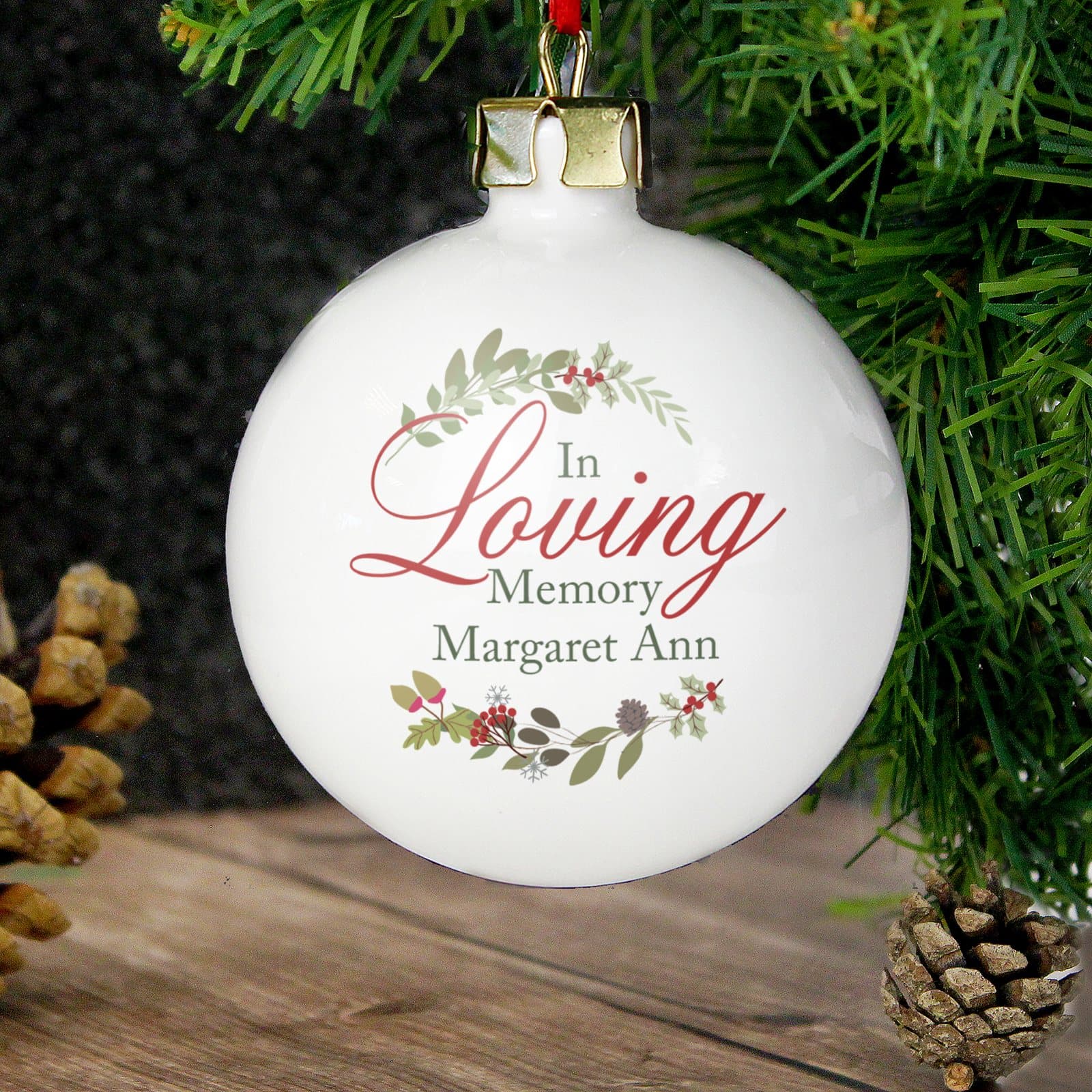 Personalised In Loving Memory wreath Christmas bauble with ribbon