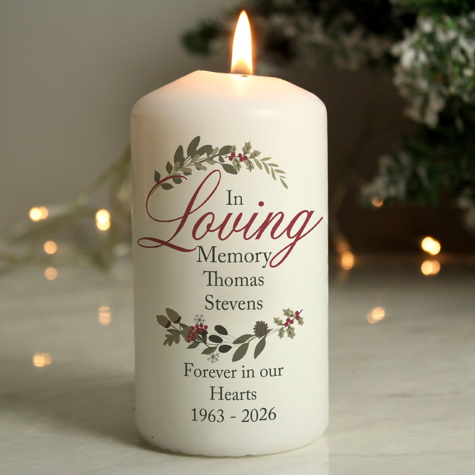Personalised in loving memory wreath pillar candle