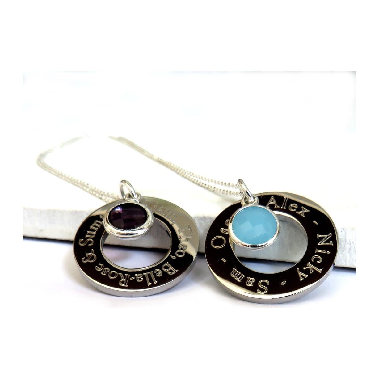 Personalised infinity birthstone necklace on a silver chain