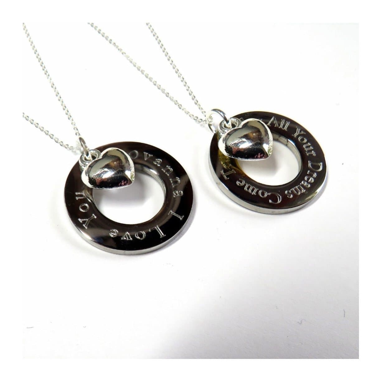 Personalised infinity heart charm necklace with a round disc and a heart charm