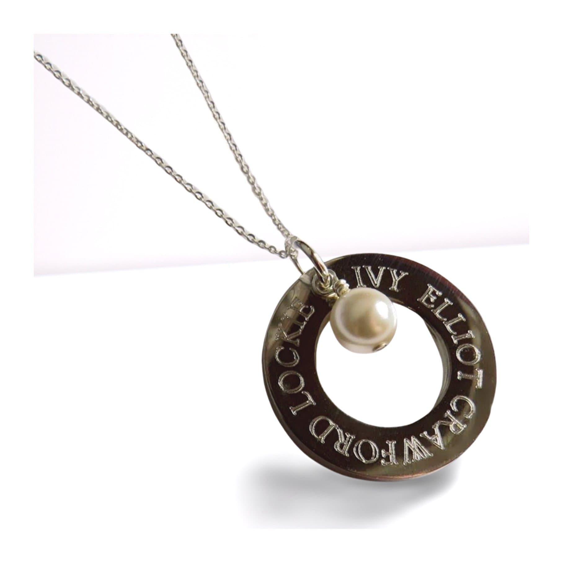 Personalised infinity necklace with a pale ivory pearl and a steel disc