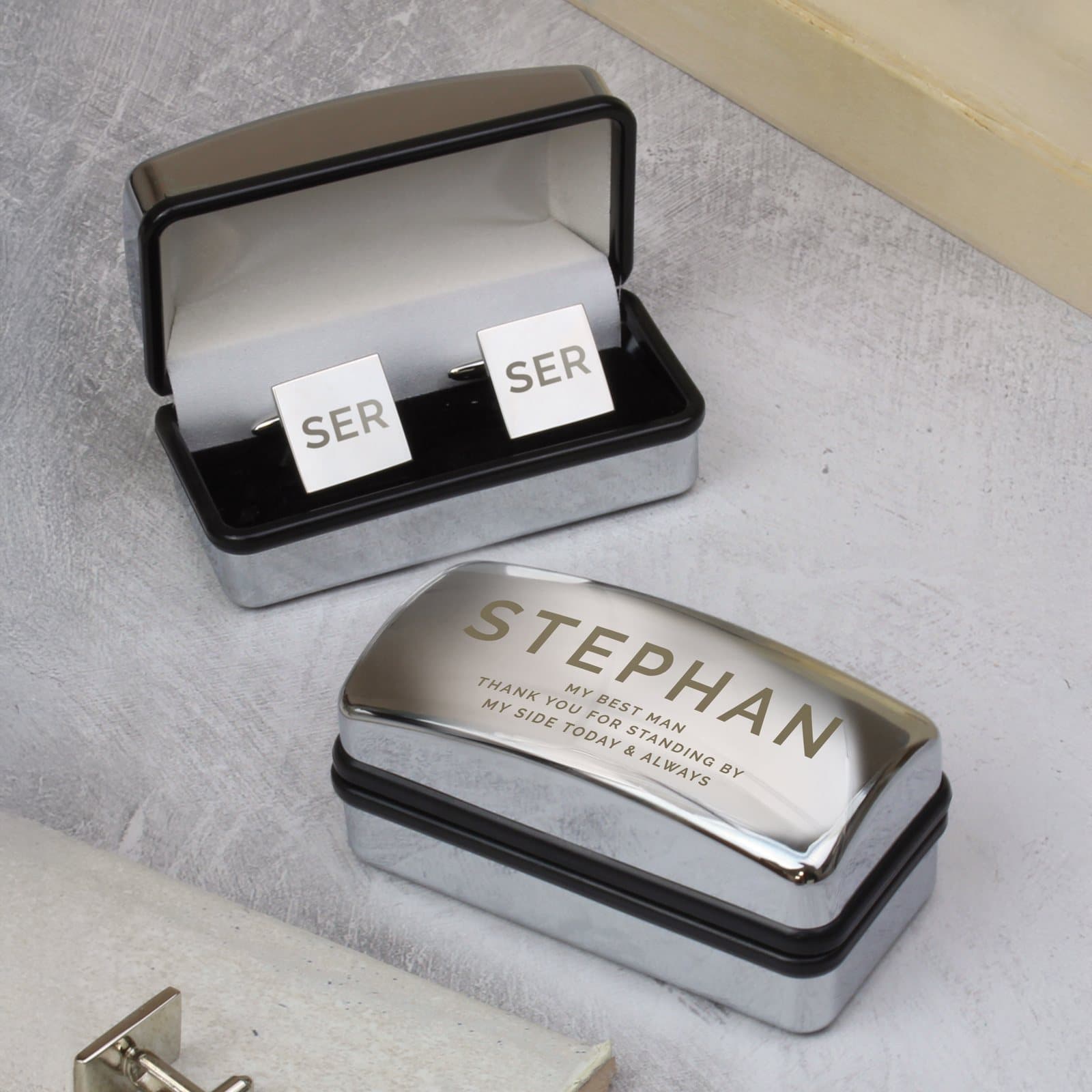 Chrome plated cufflink box with personalised initial cufflinks