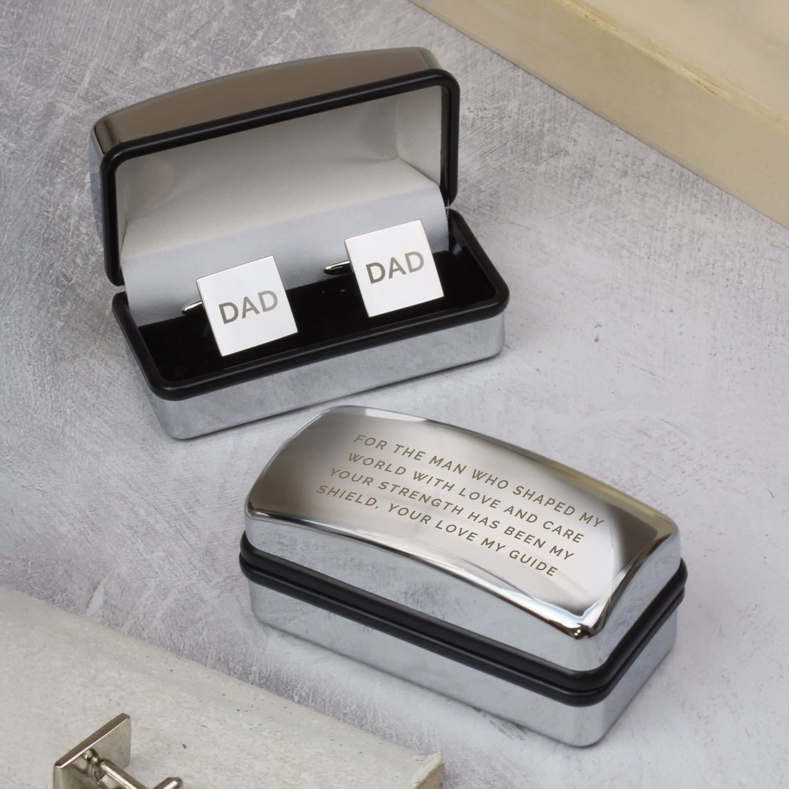 Initial cufflinks with a chrome plated cufflink box