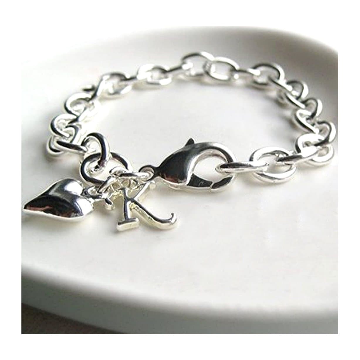 Silver plated cable bracelet with a puffed heart charm and a silver initial