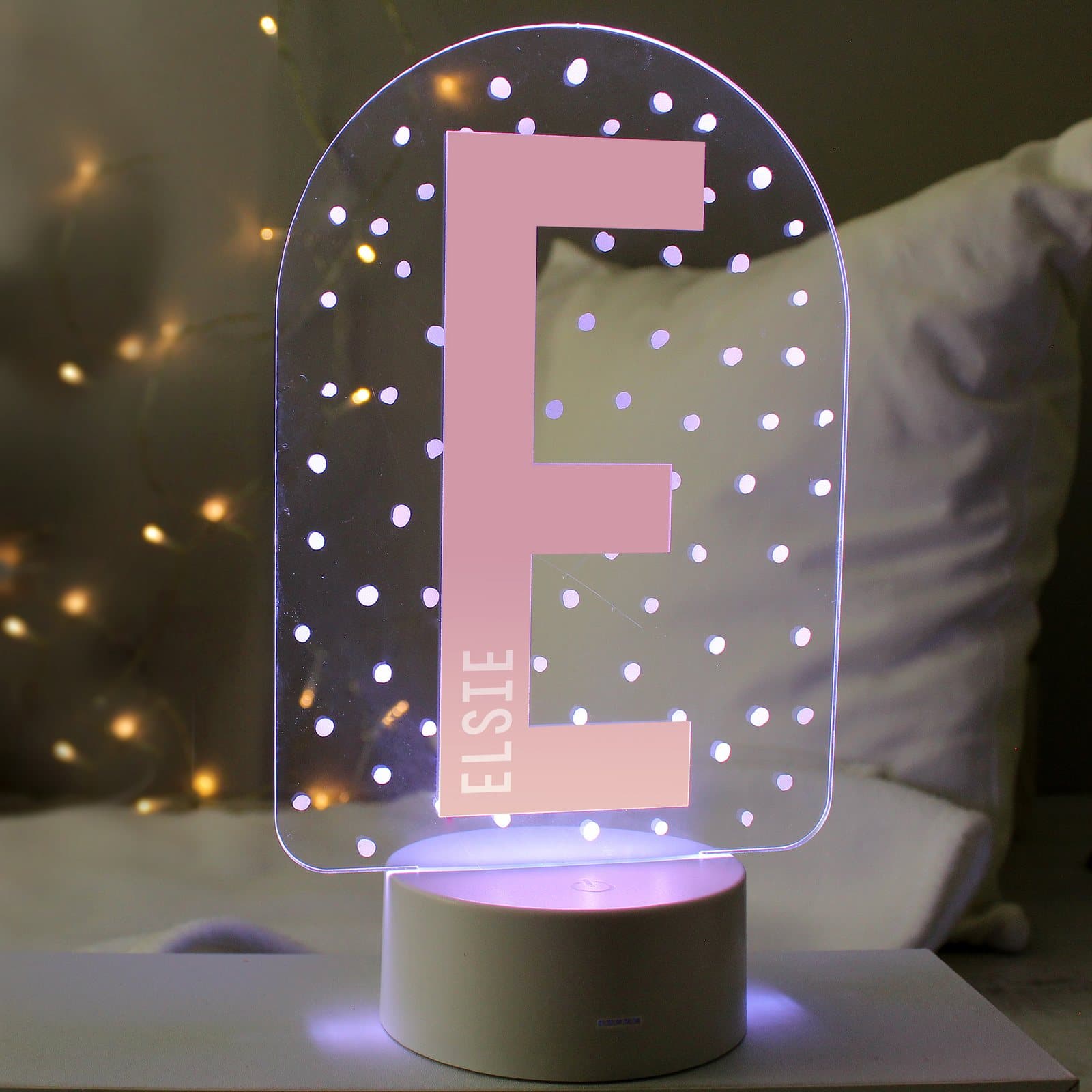 Colour changing LED night light with a personalised name on an acrylic sign