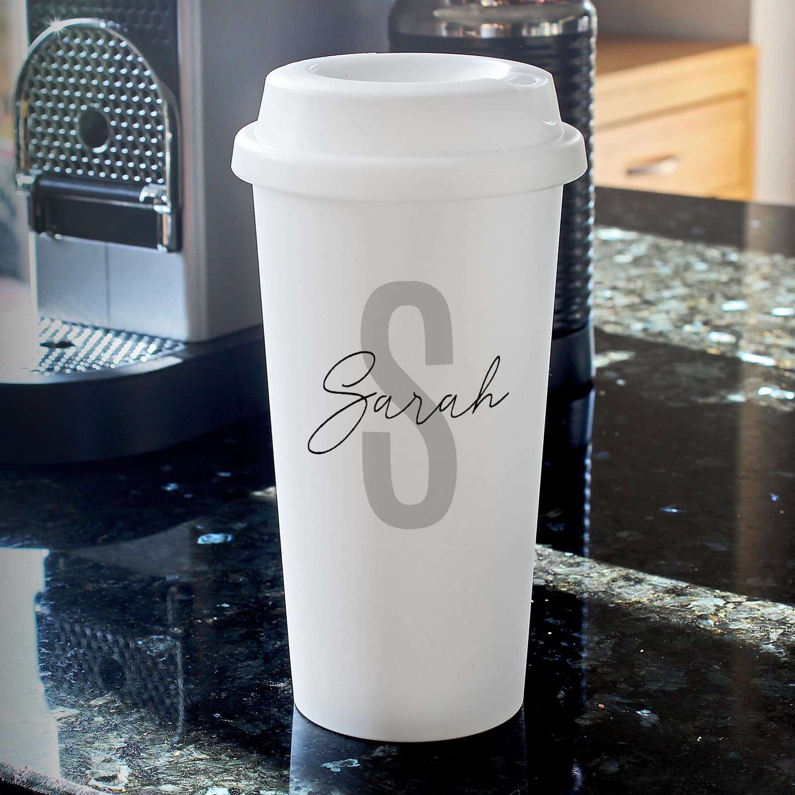 Personalised initial and name travel cup with screw-on lid