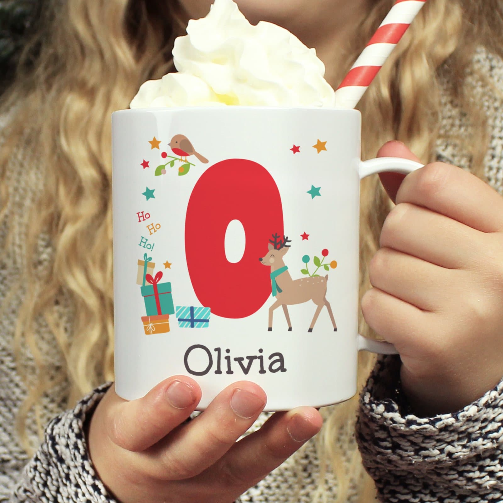 Reindeer Christmas plastic mug personalised with an initial and a name