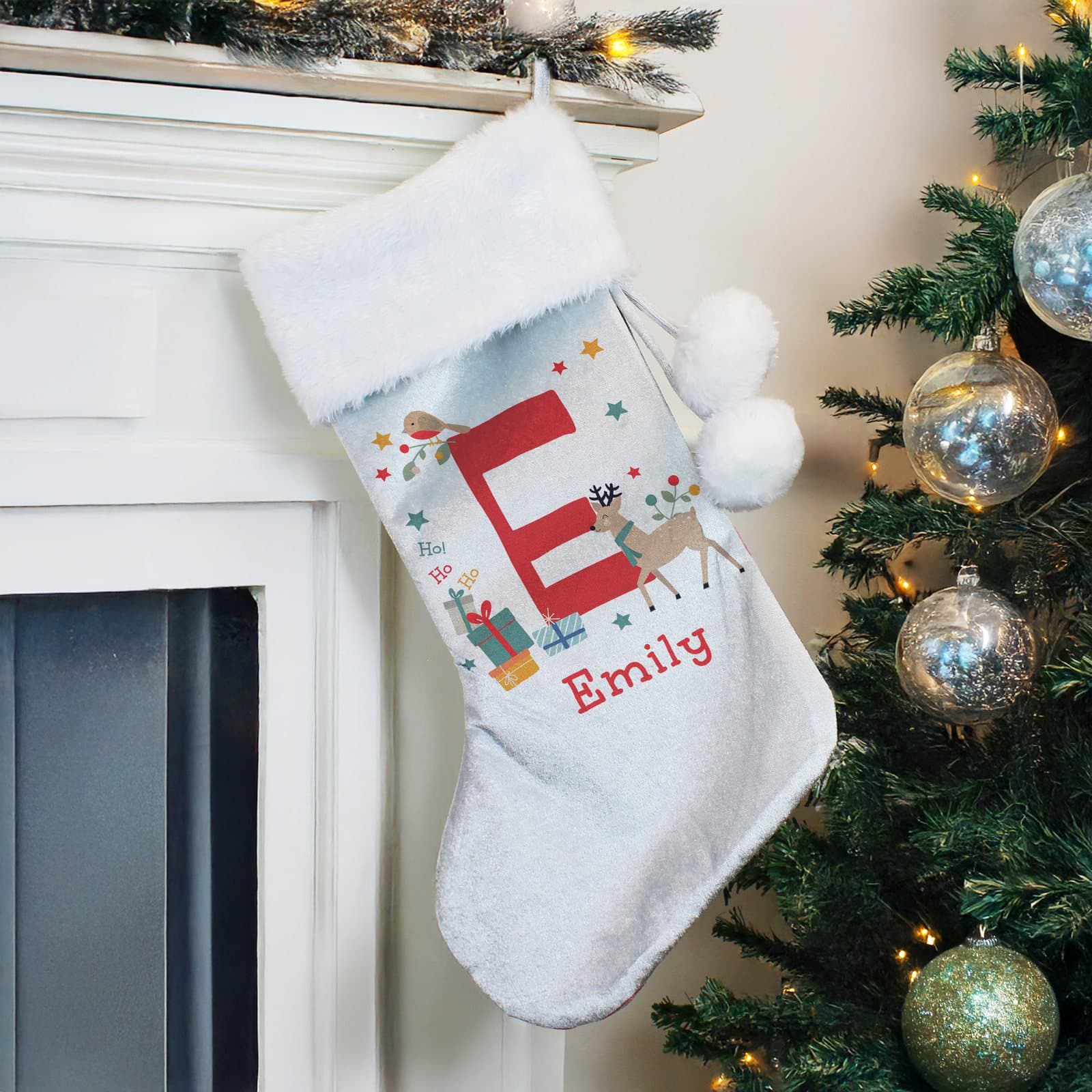 Personalised initial reindeer velvet Christmas stocking with white cuff