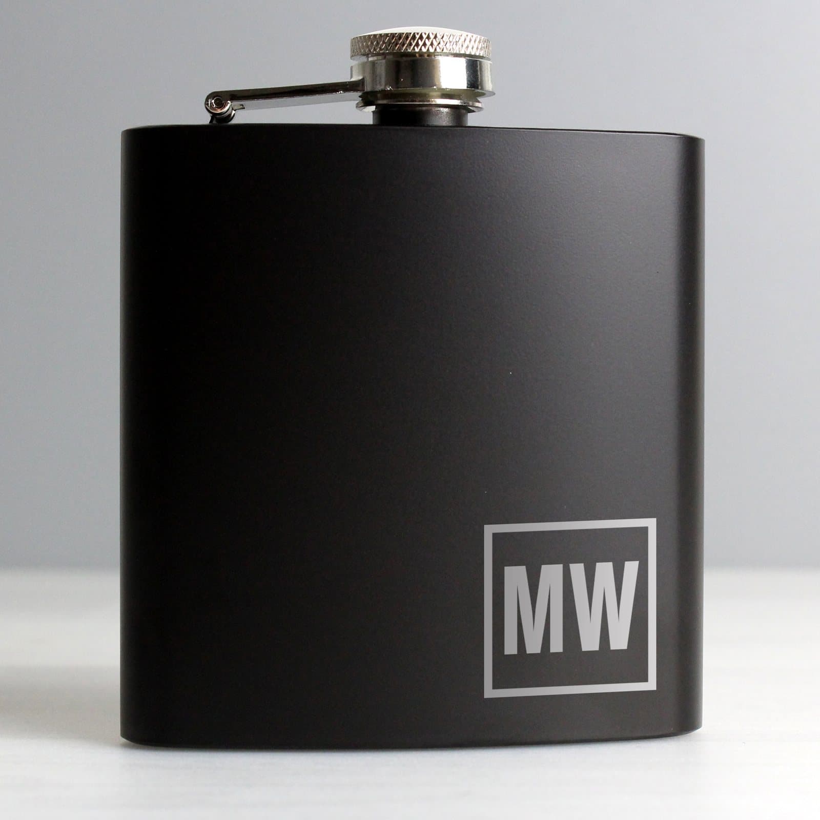 Black stainless steel hip flask personalised with two initials