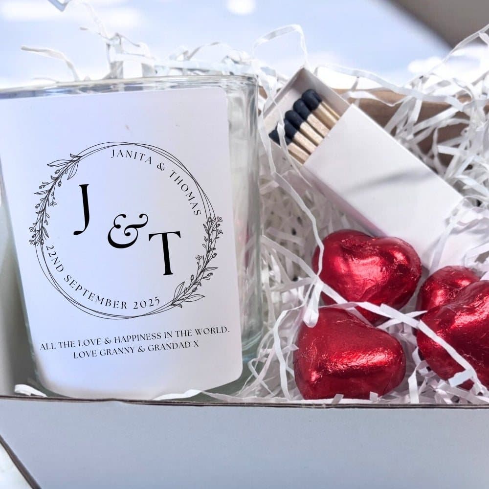 Personalised initials circle candle gift set with chocolate hearts and matches