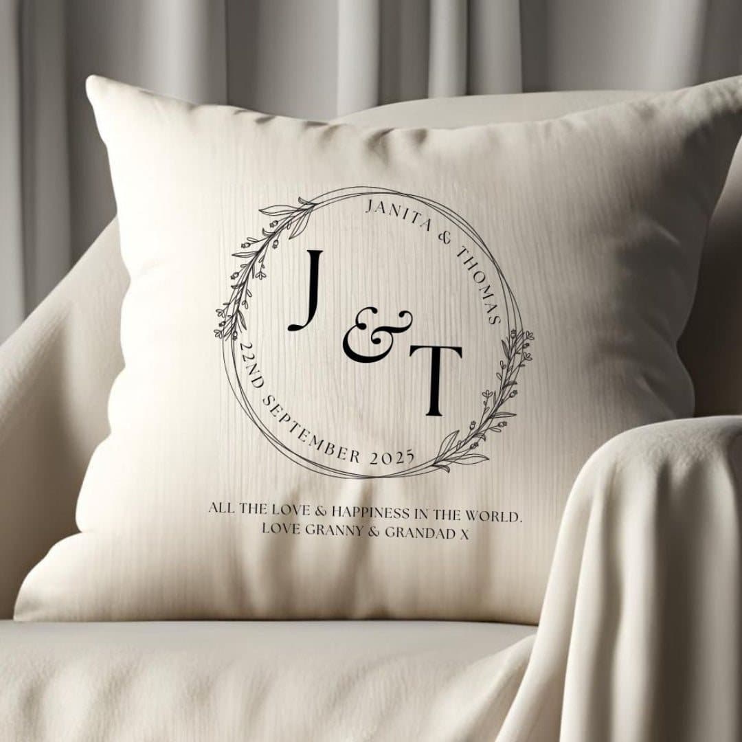 Cream linen-effect personalised cushion with names and a date