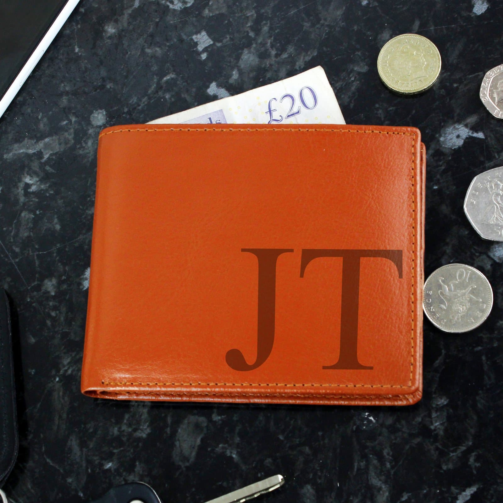 Tan leather wallet that can be personalised with capital initials