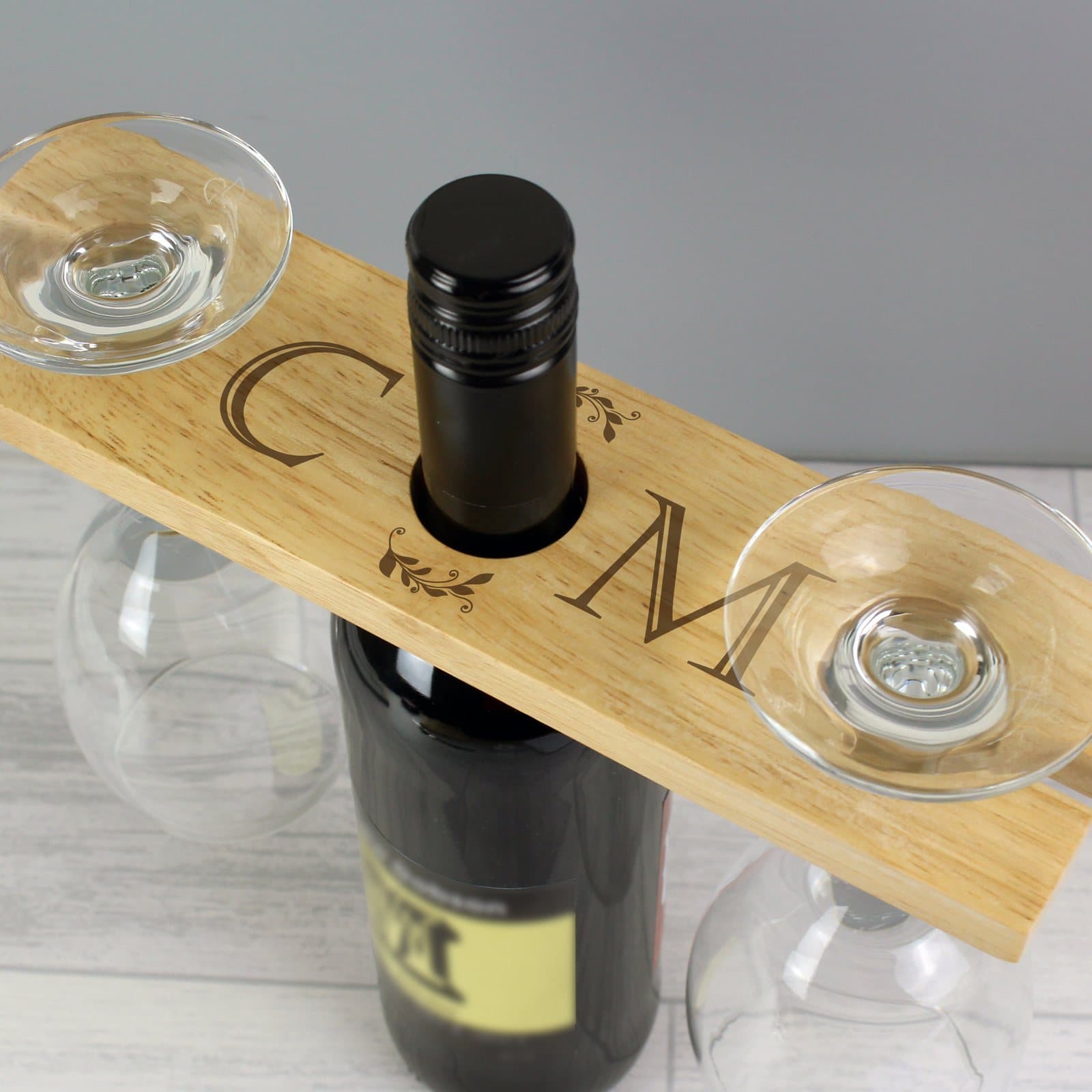 Wooden wine bottle and glass holder with two initials